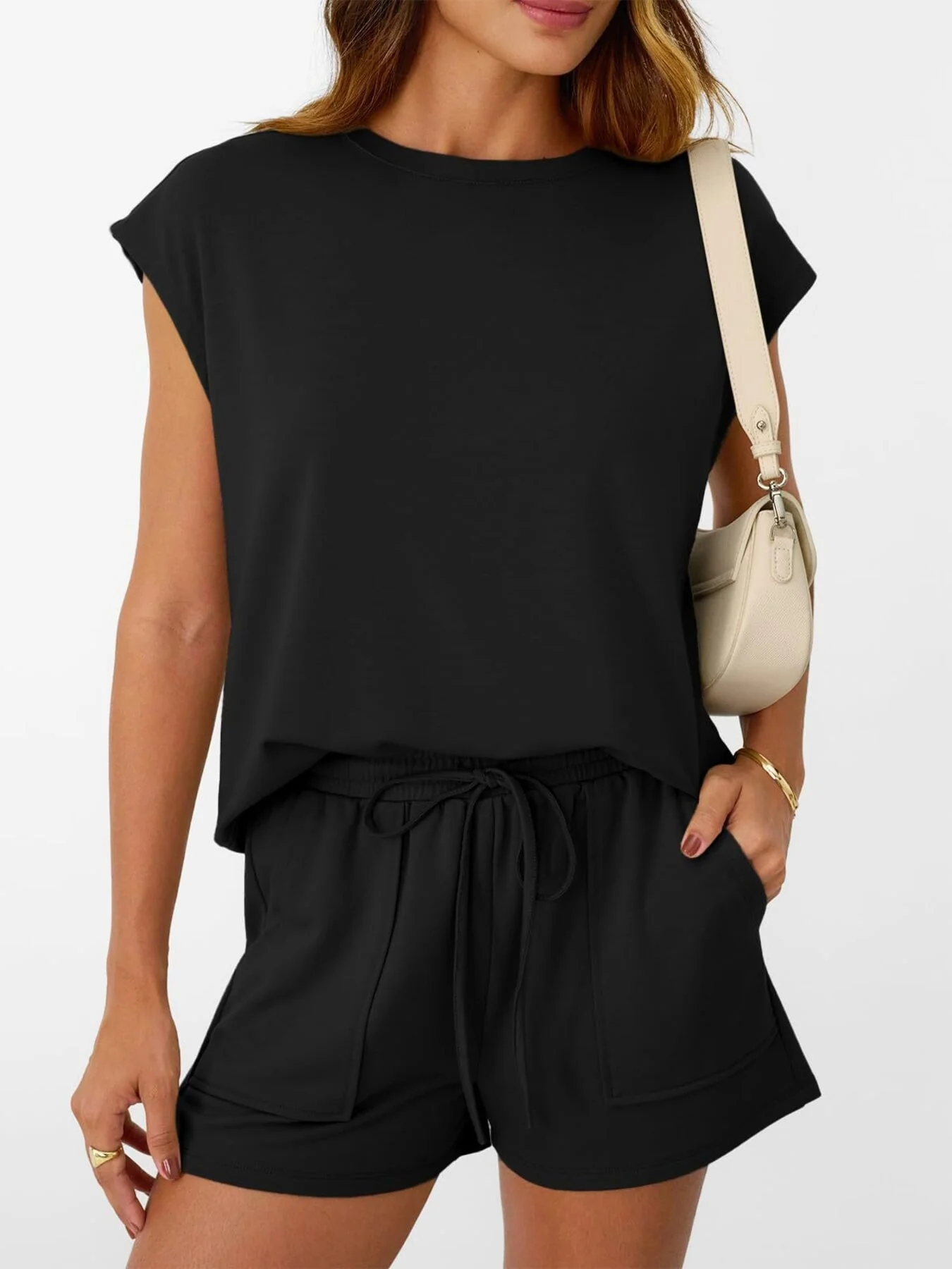 Round Neck Cap Sleeve Top and Shorts Set - Image 6