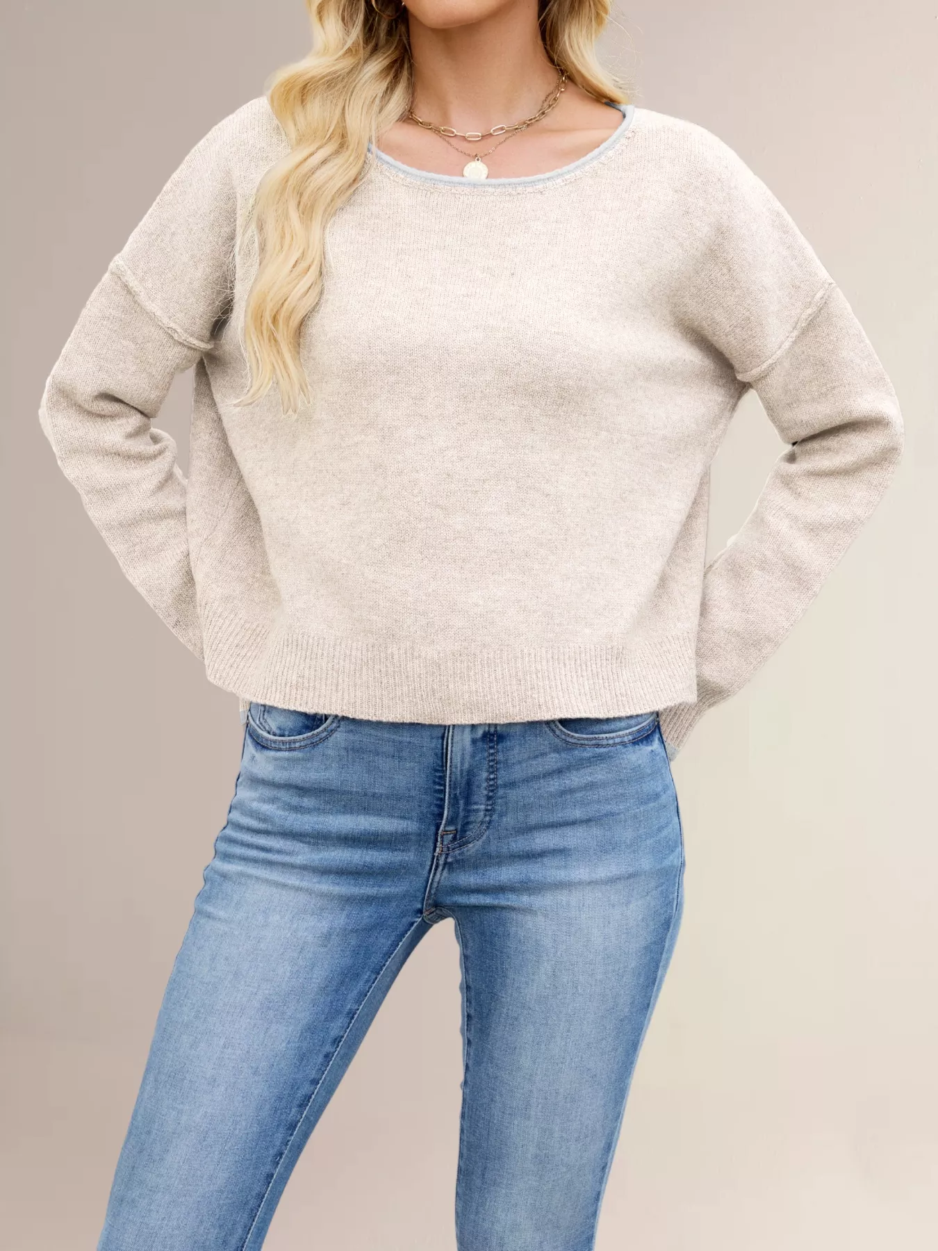 Round Neck Dropped Shoulder Sweater - Image 2