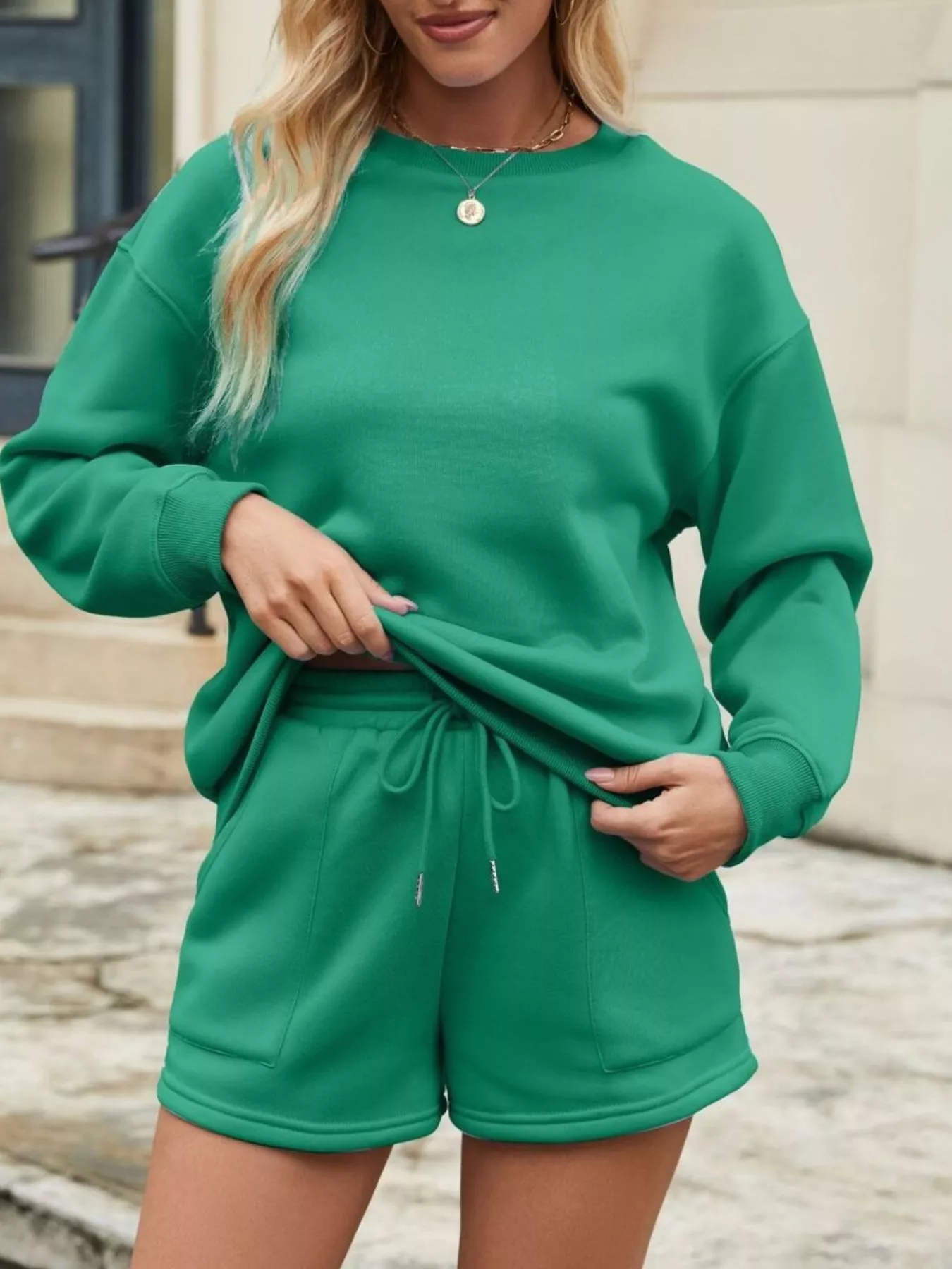 Round Neck Dropped Shoulder Top and Drawstring Shorts Set - Image 12