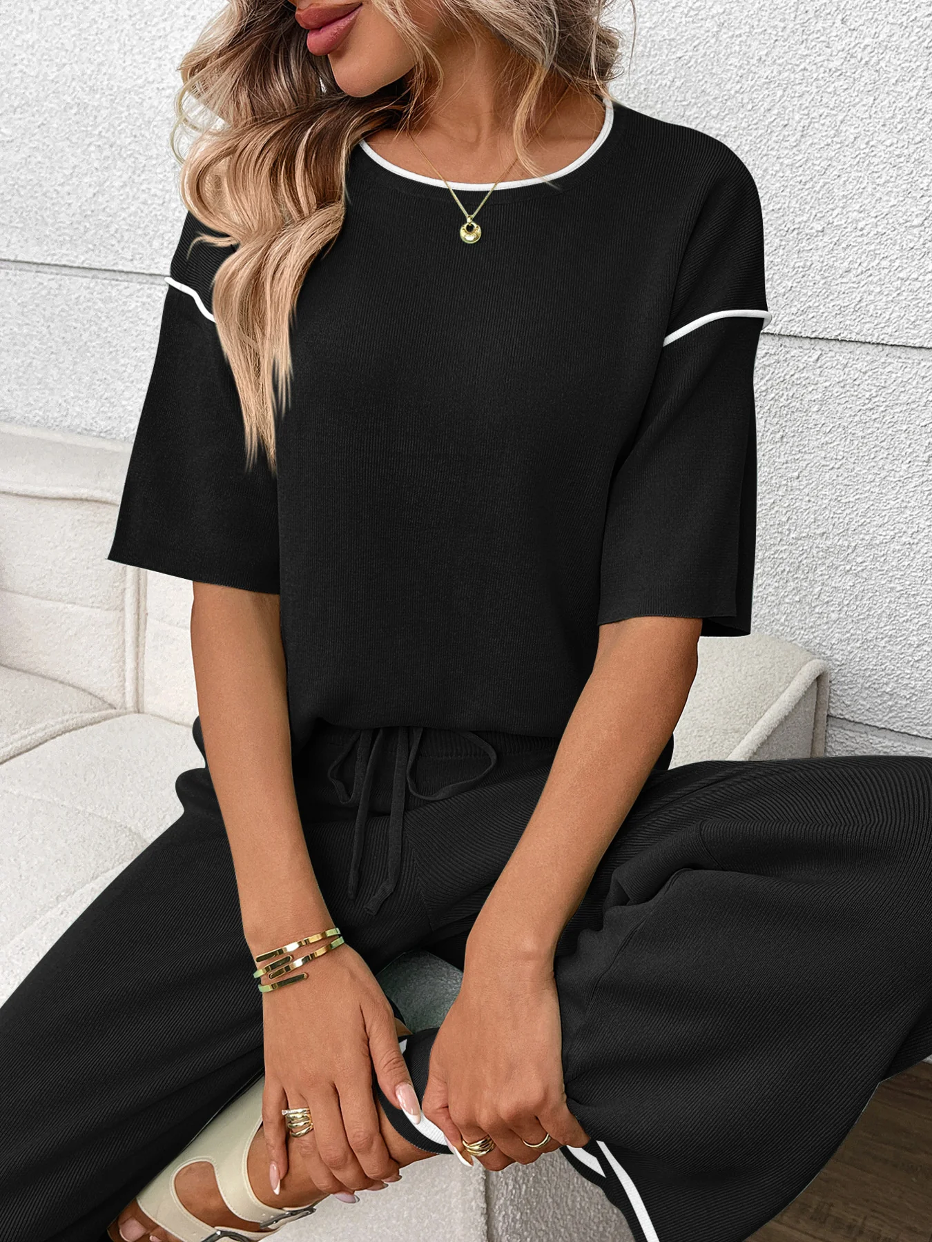 Round Neck Half Sleeve Top and Pants Set - Image 8