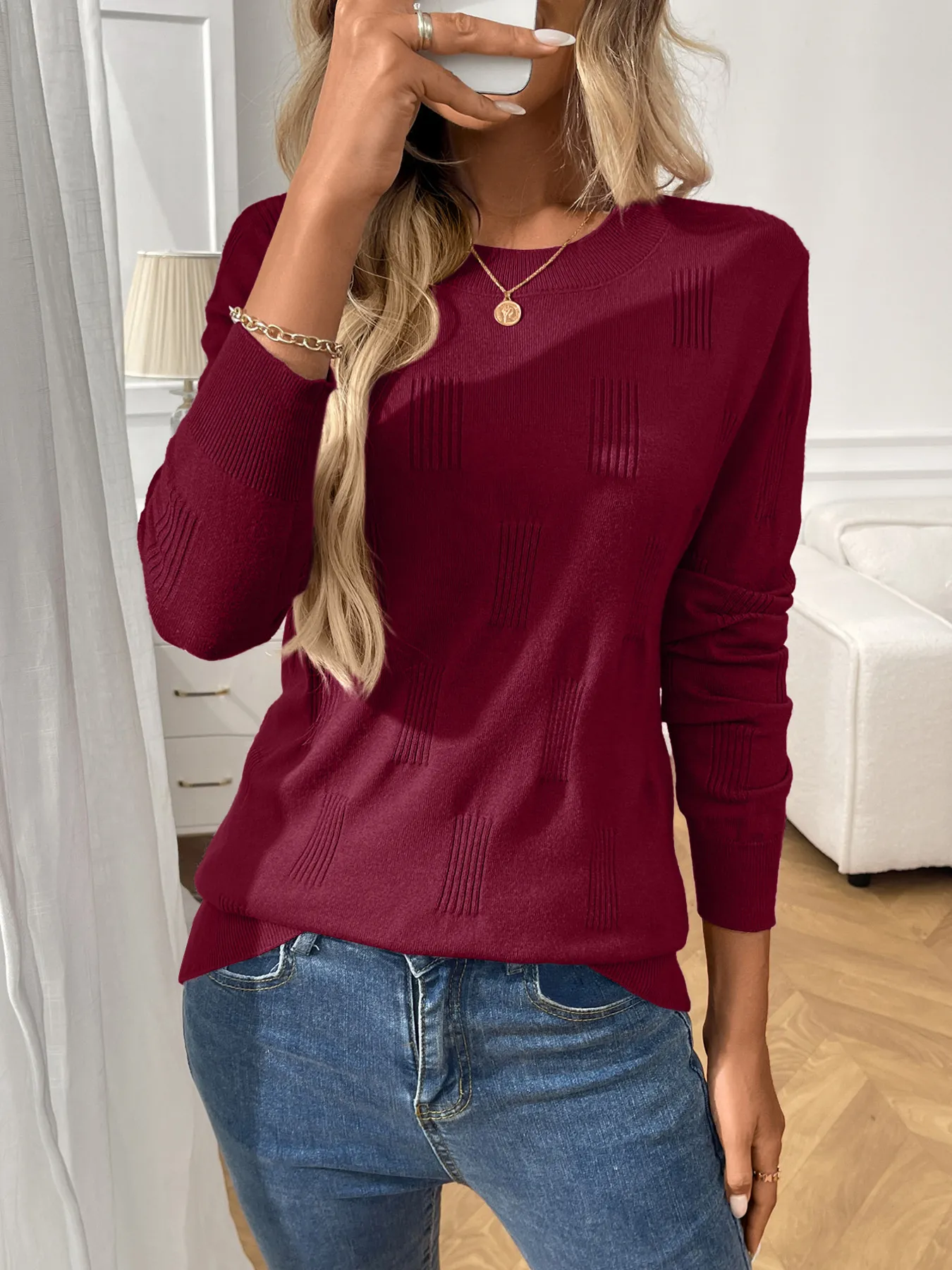 Round Neck Long Sleeve Knit Top - Image 14