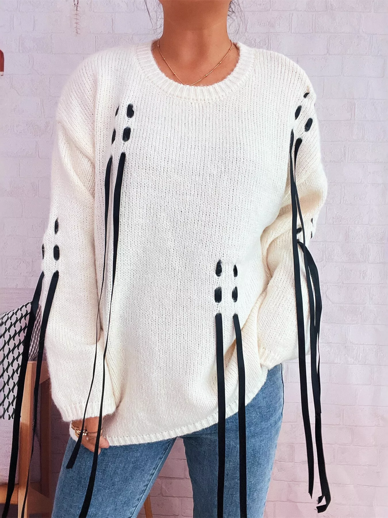 Round Neck Long Sleeve Sweater with Ribbon Details - Image 11