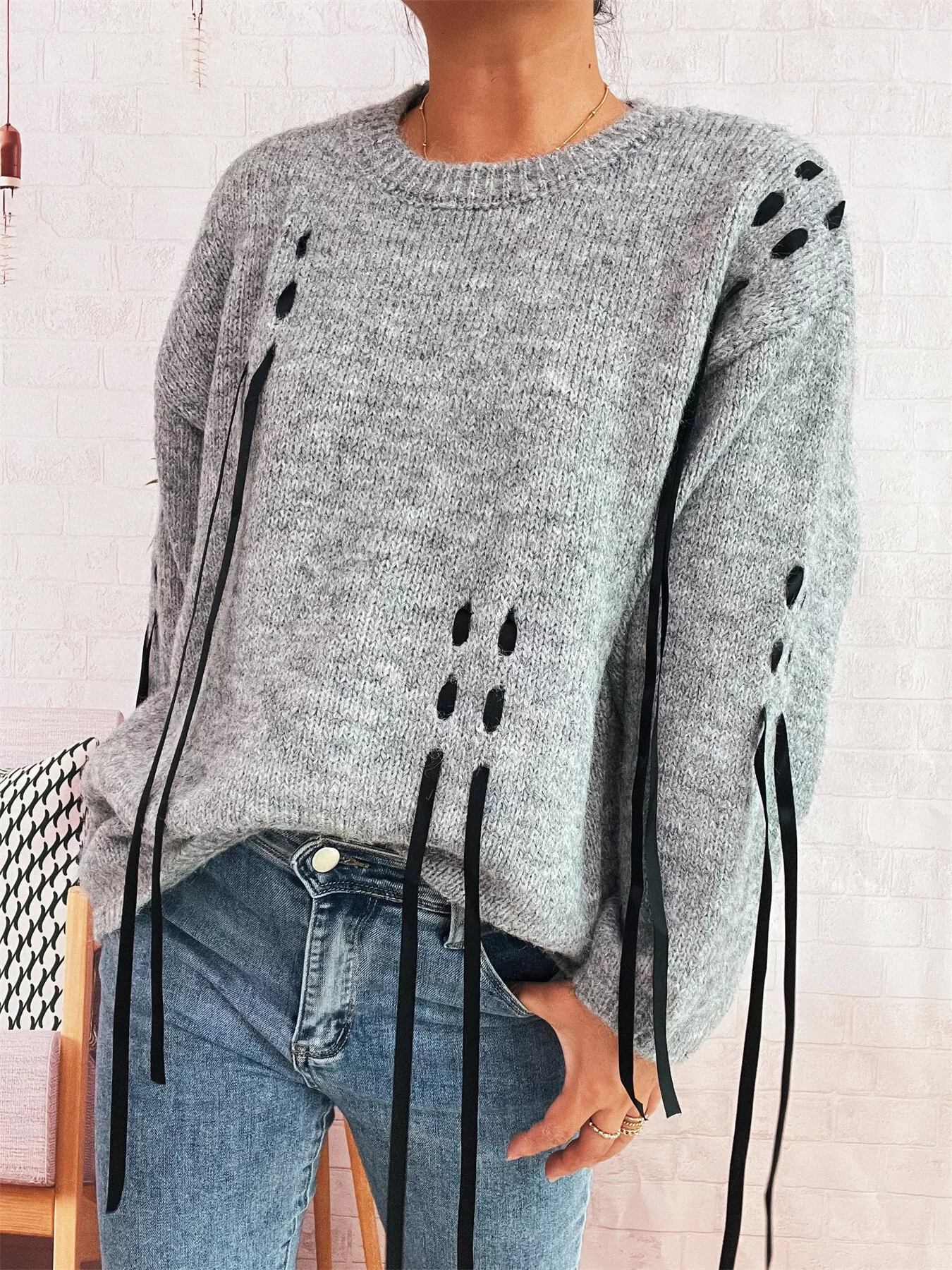 Round Neck Long Sleeve Sweater with Ribbon Details - Image 2