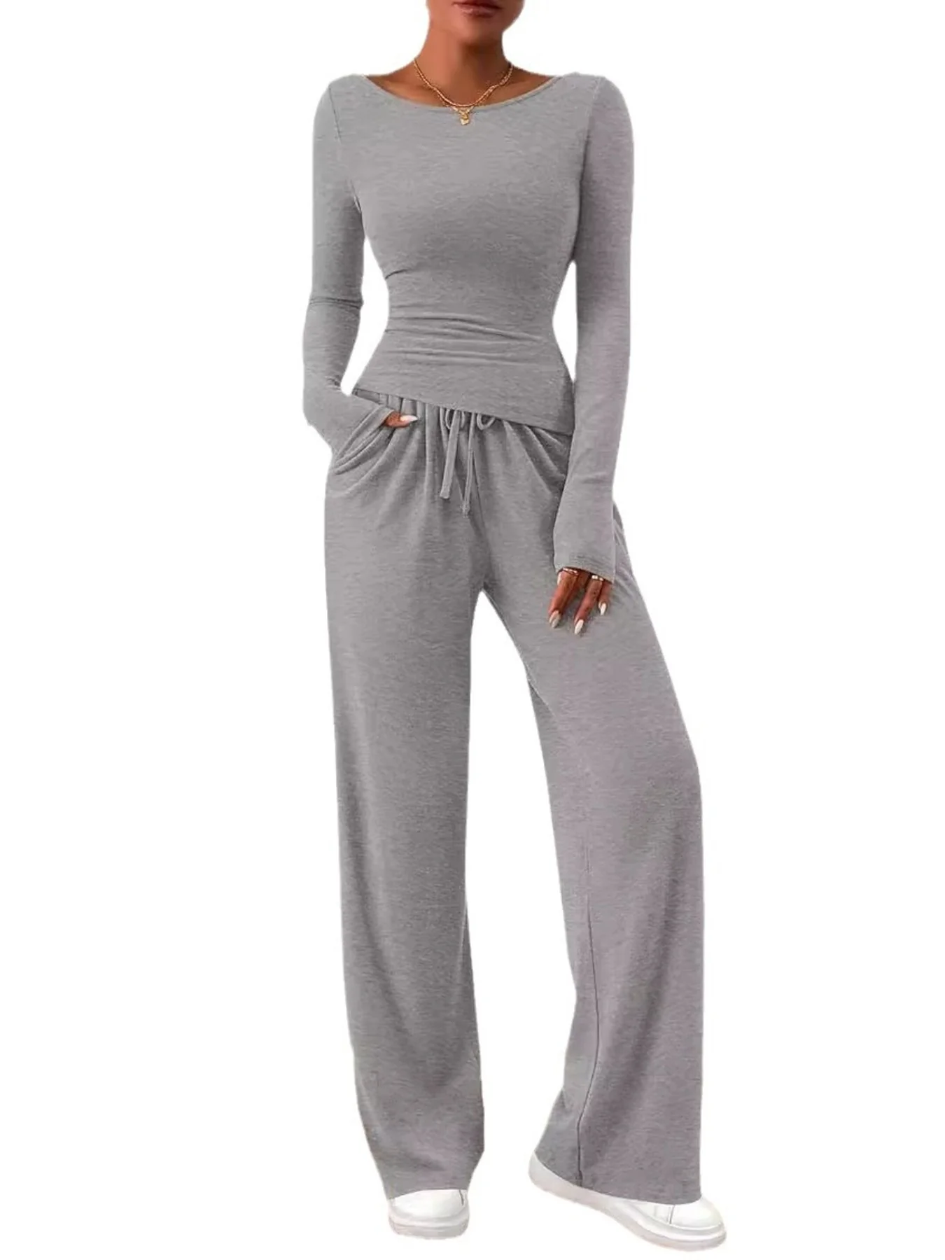 Round Neck Long Sleeve Top and Pants Set - Image 19