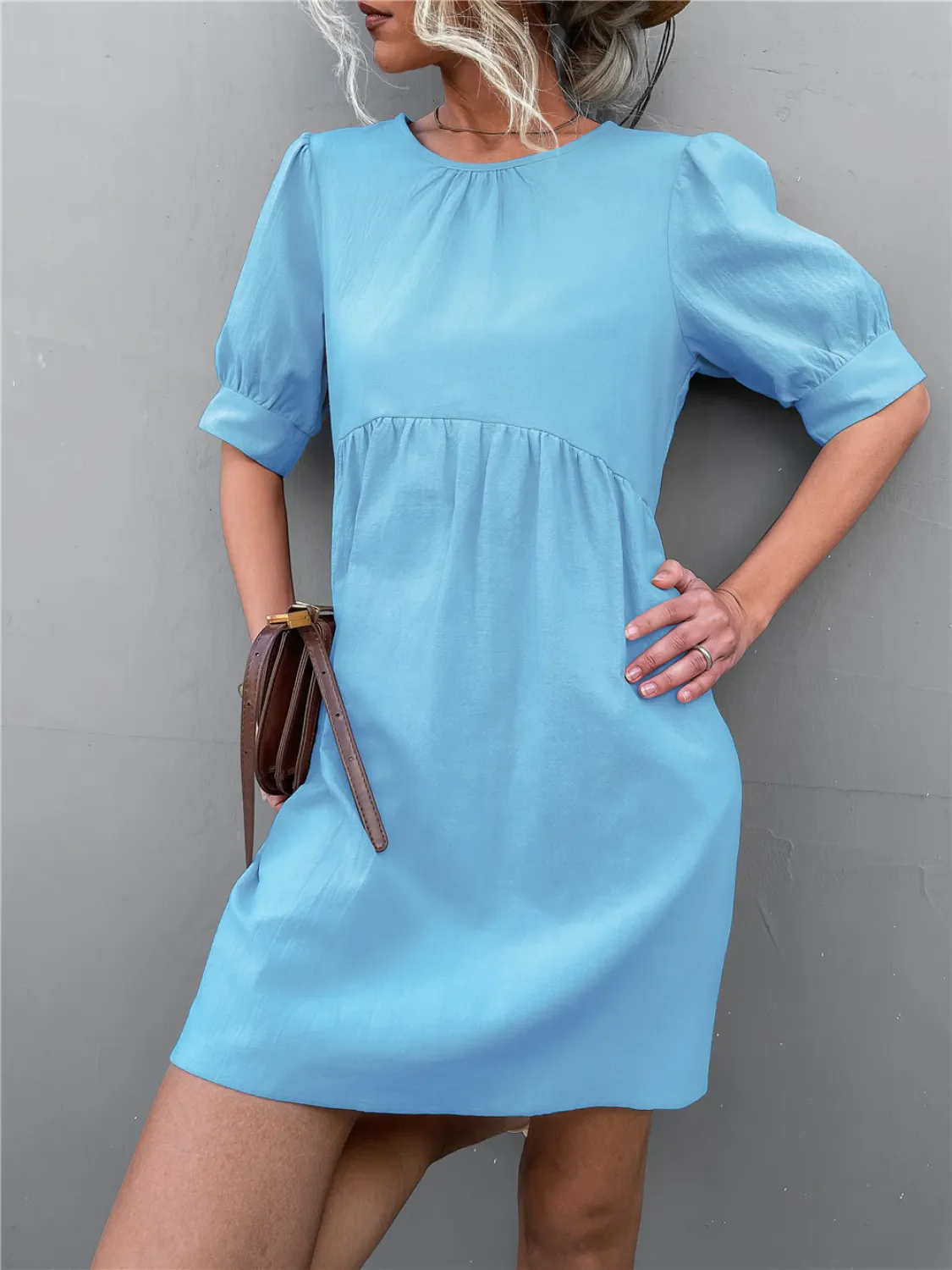 Round Neck Puff Sleeve Mini Dress