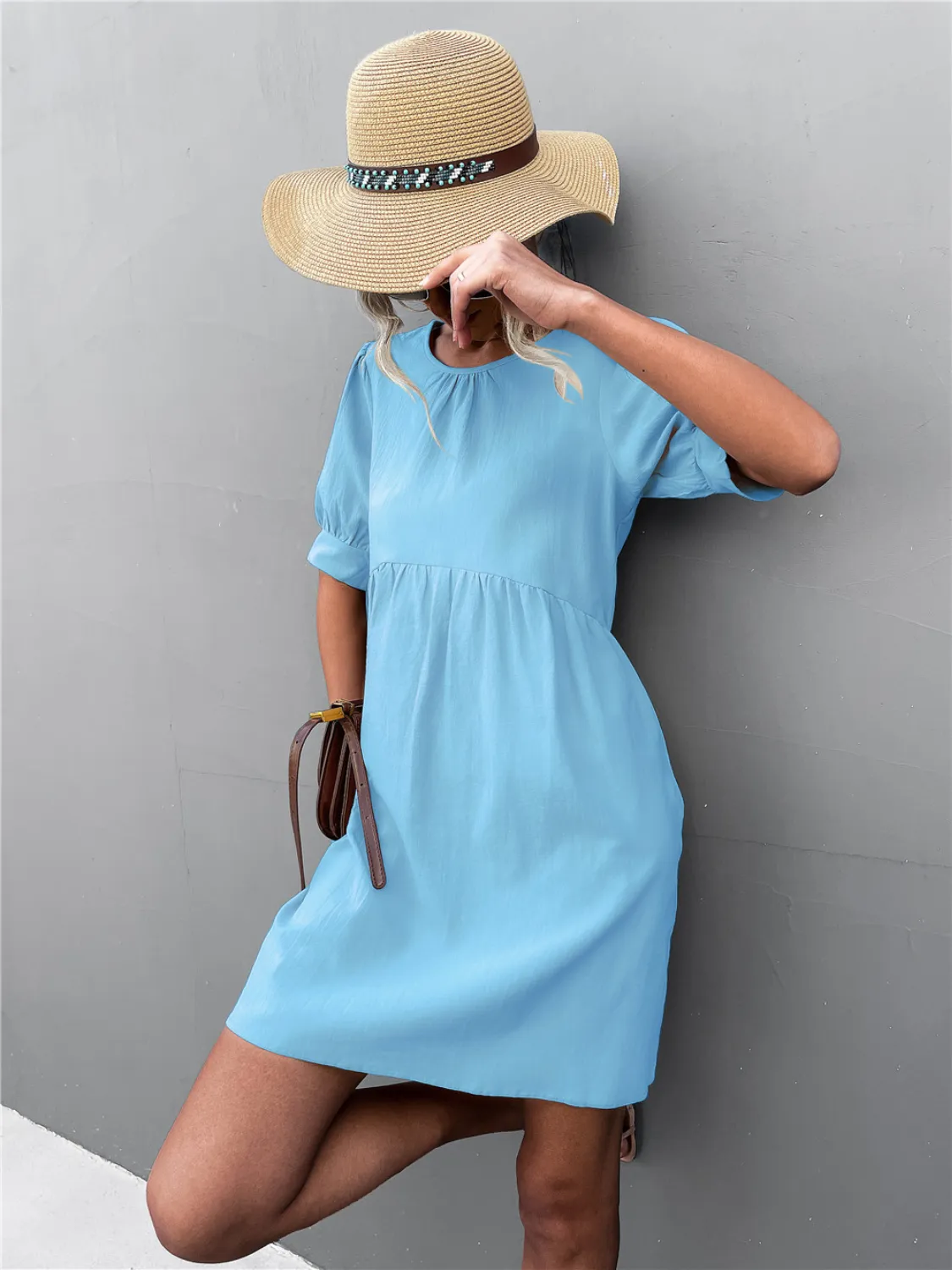 Round Neck Puff Sleeve Mini Dress - Image 3