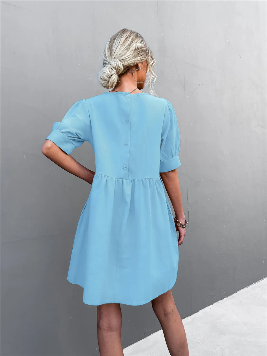 Round Neck Puff Sleeve Mini Dress - Image 4