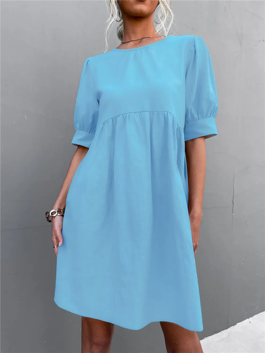 Round Neck Puff Sleeve Mini Dress - Image 5