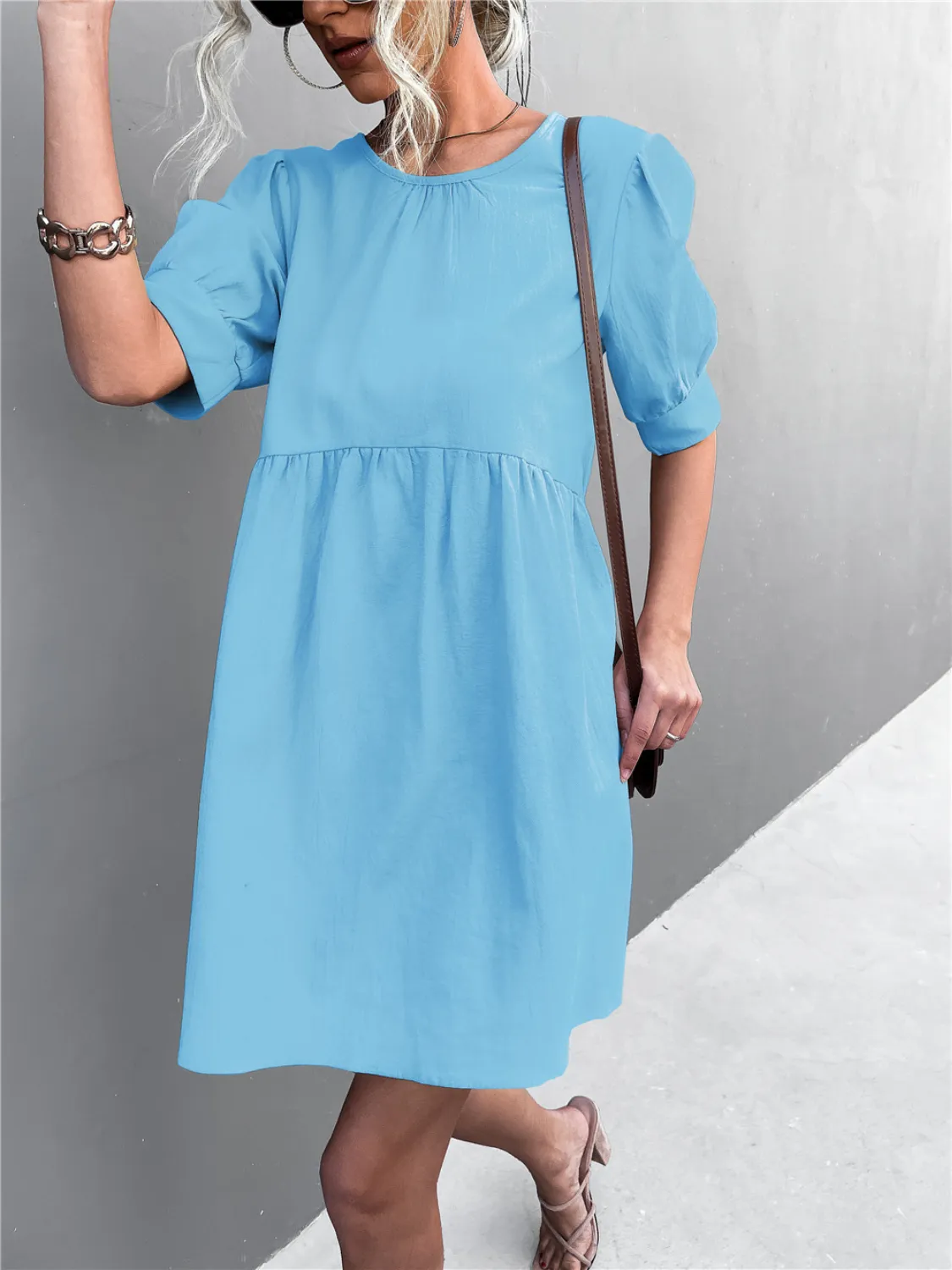 Round Neck Puff Sleeve Mini Dress - Image 6