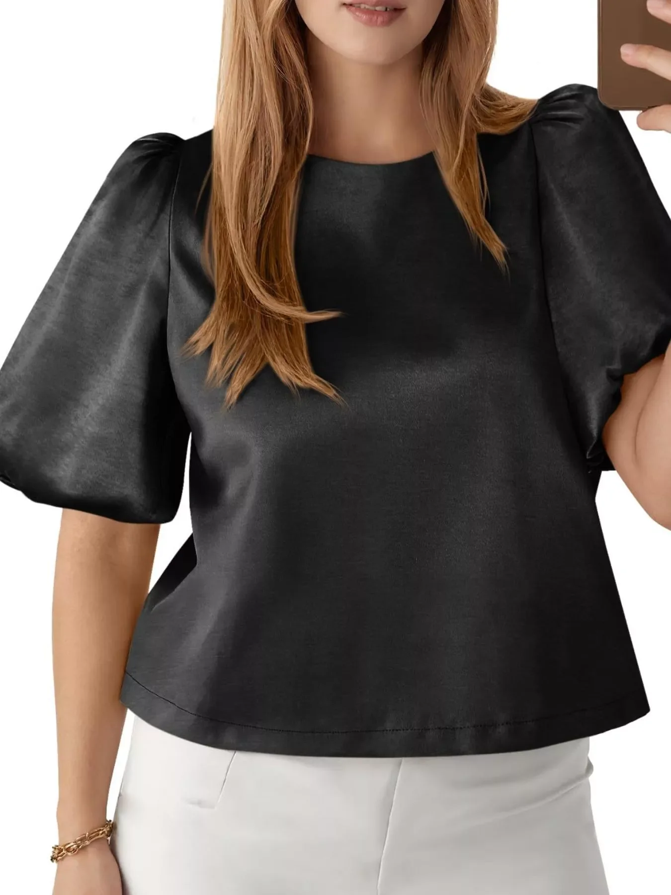 Round Neck Puff Sleeve Satin Top - Image 16