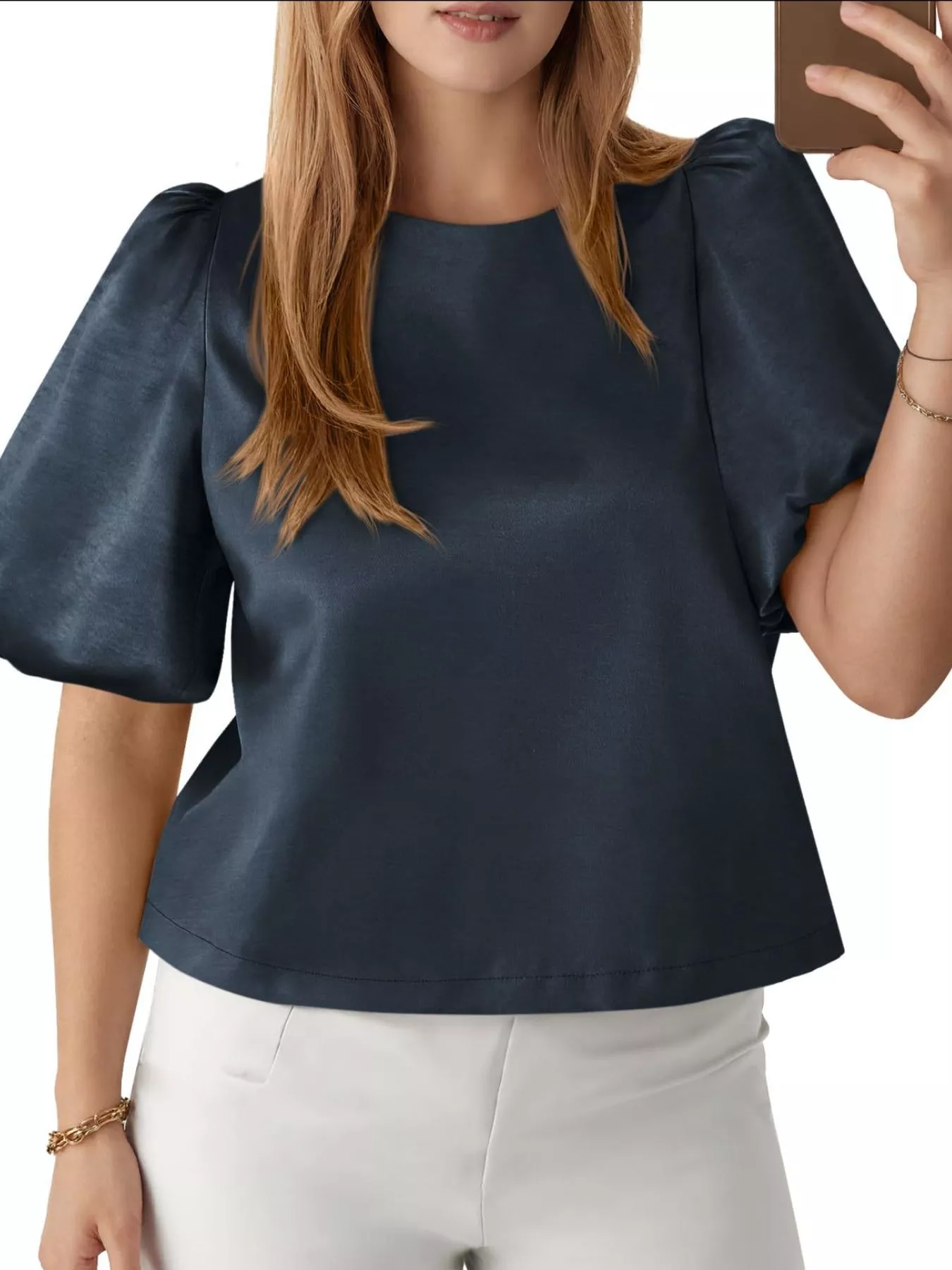 Round Neck Puff Sleeve Satin Top - Image 4