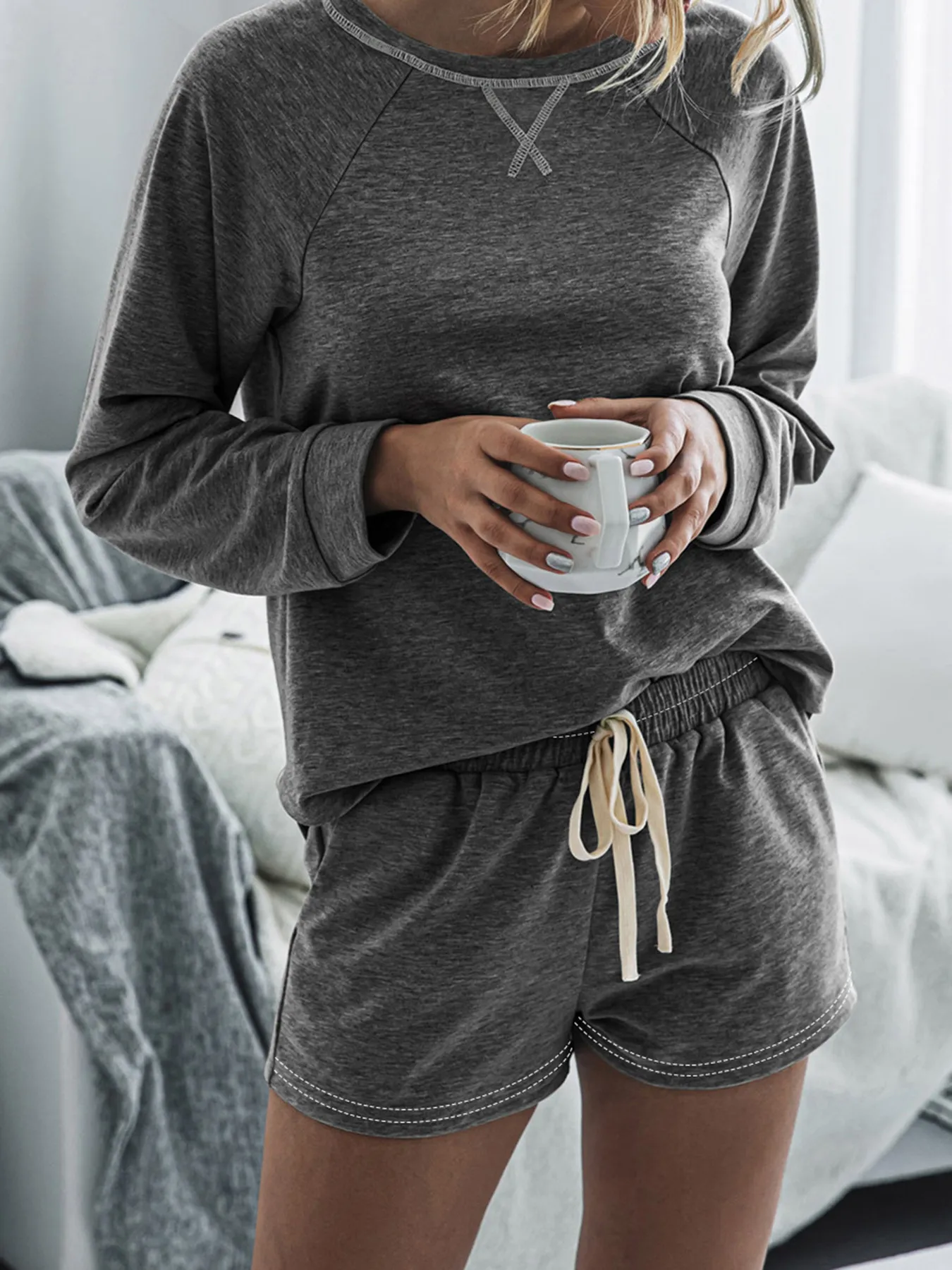 Round Neck Raglan Sleeve Top and Shorts Lounge Set - Image 20