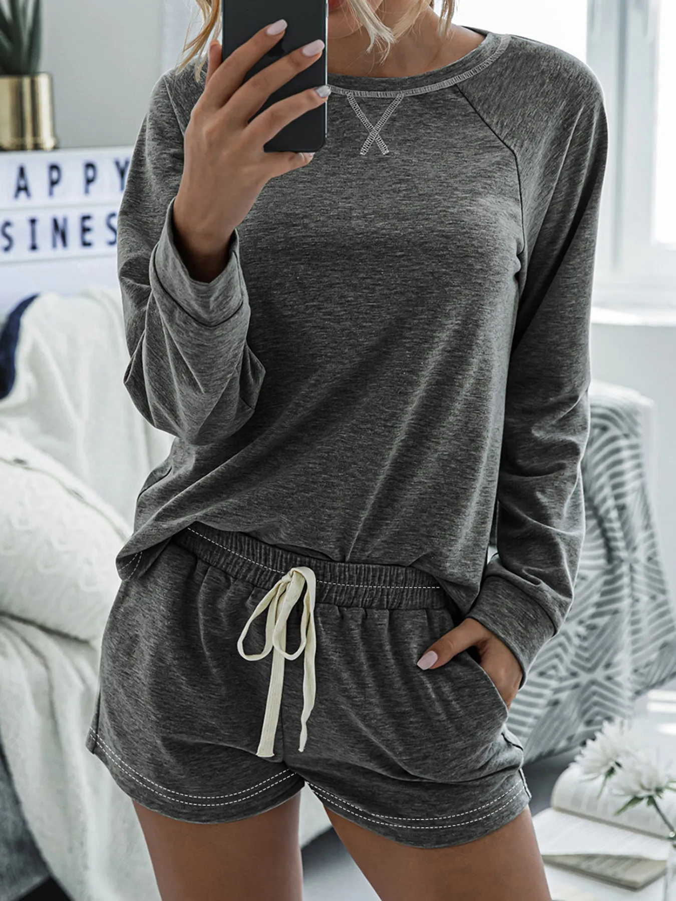 Round Neck Raglan Sleeve Top and Shorts Lounge Set - Image 21