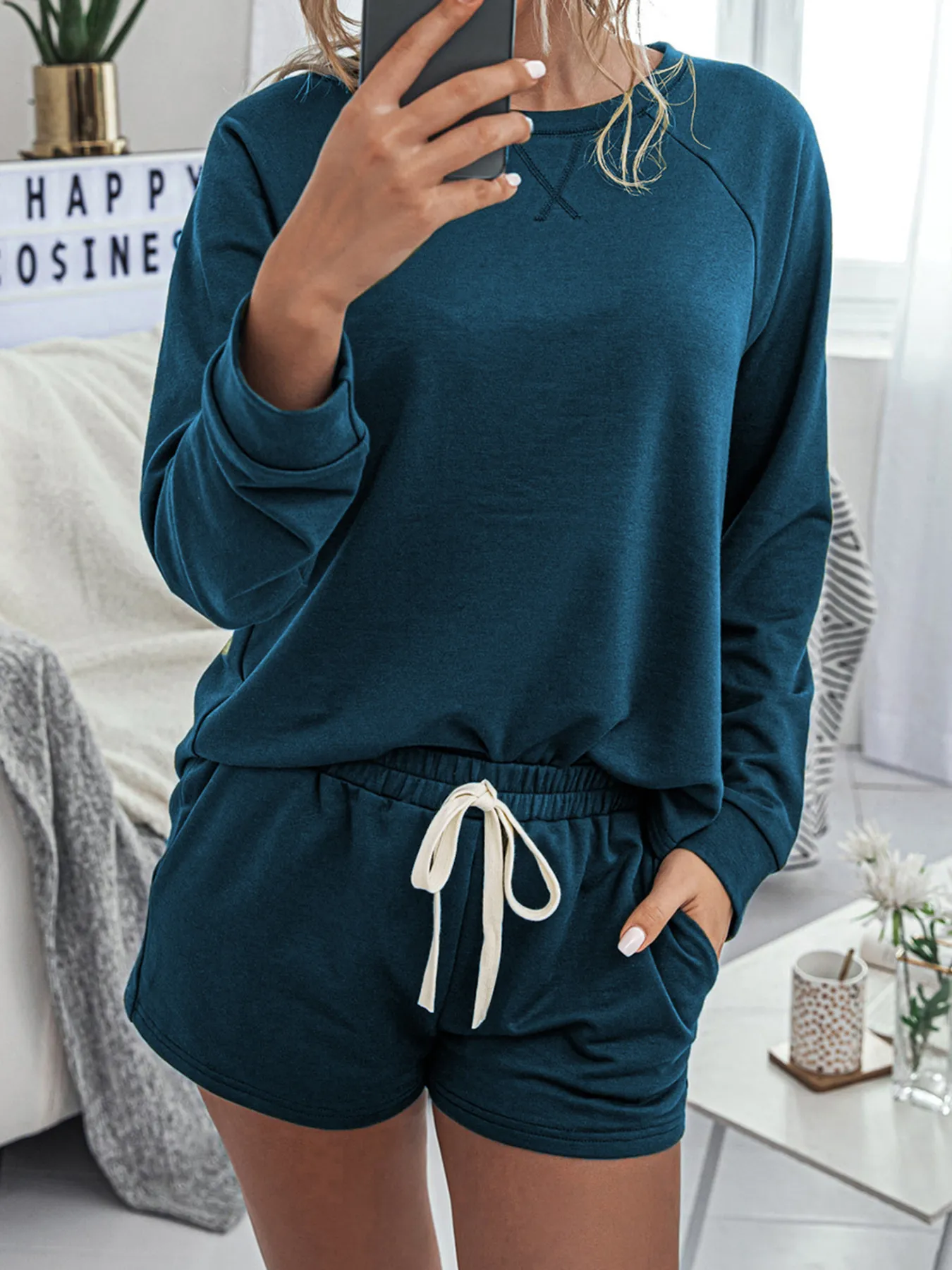 Round Neck Raglan Sleeve Top and Shorts Lounge Set - Image 5
