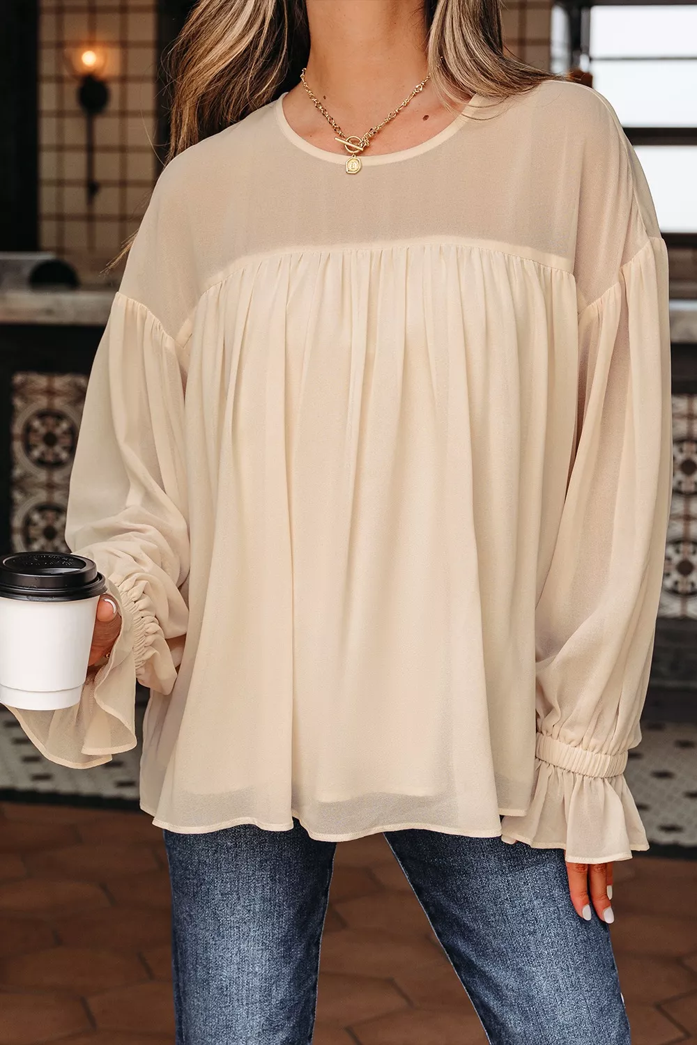 Round Neck Ruffle Sleeve Blouse - Image 3