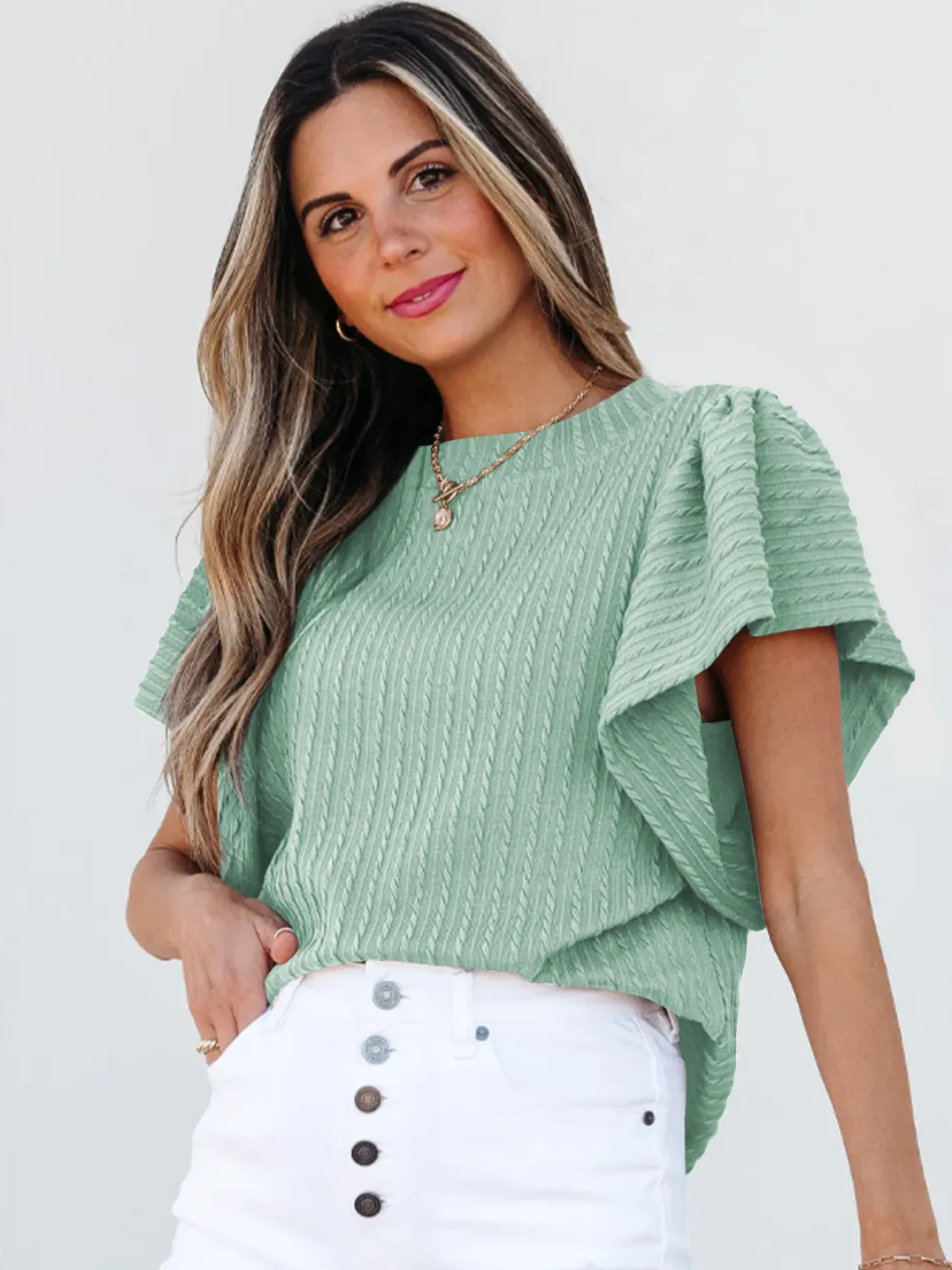 Round Neck Ruffle Sleeve Top - Image 6
