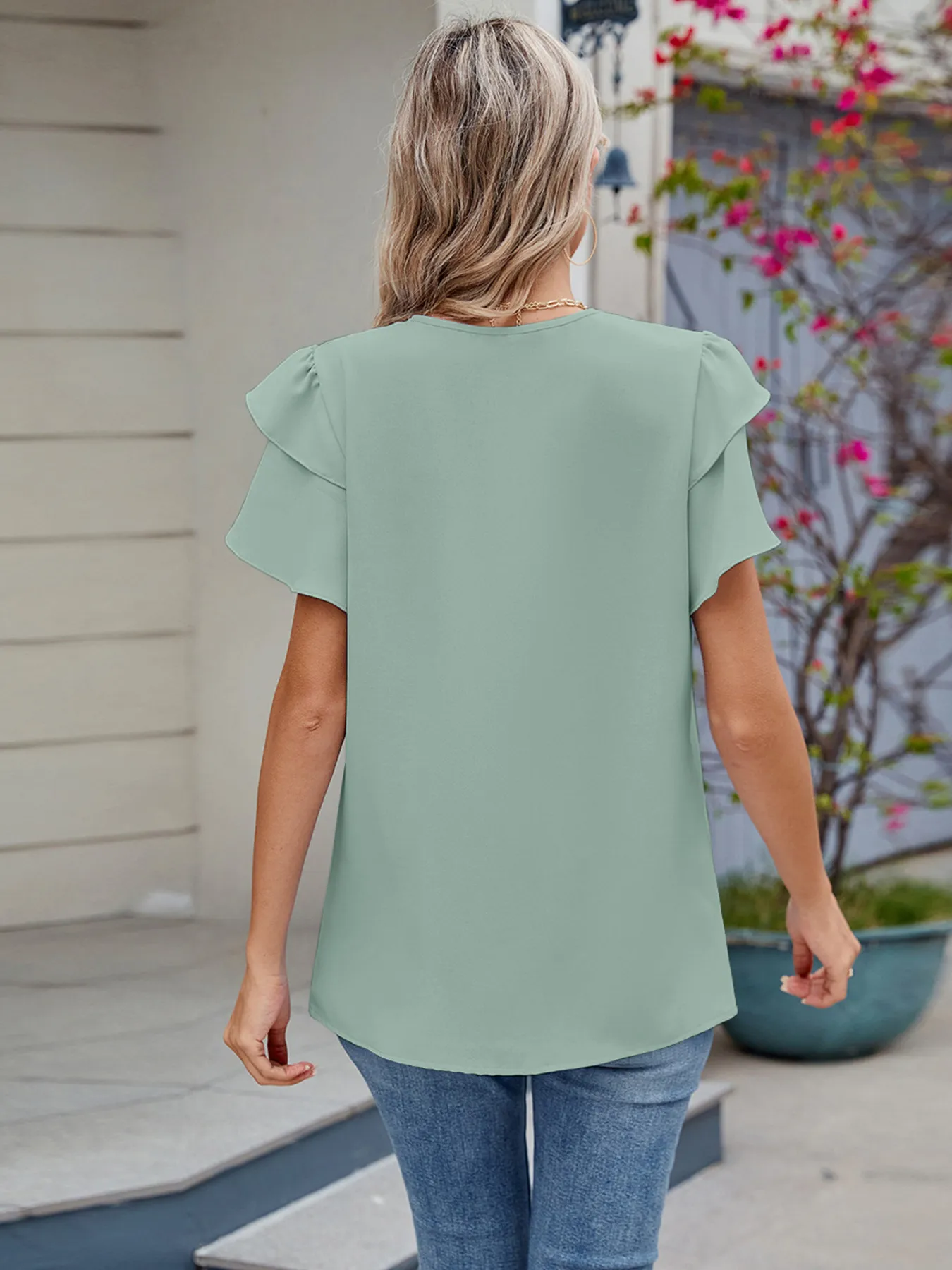 Round Neck Ruffled Layered Sleeve Blouse - Image 8