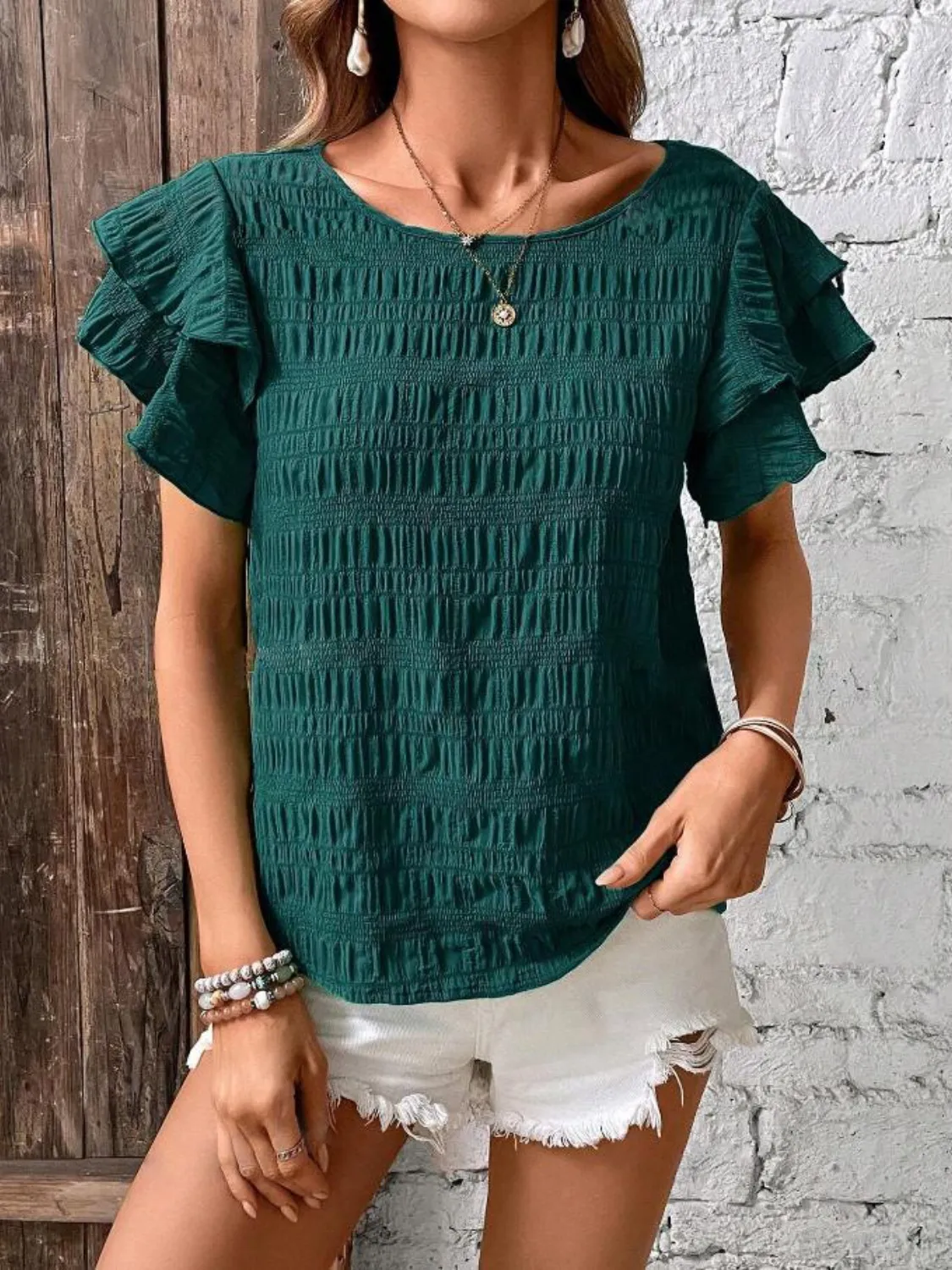 Round Neck Ruffled Short Sleeve Top - Image 22