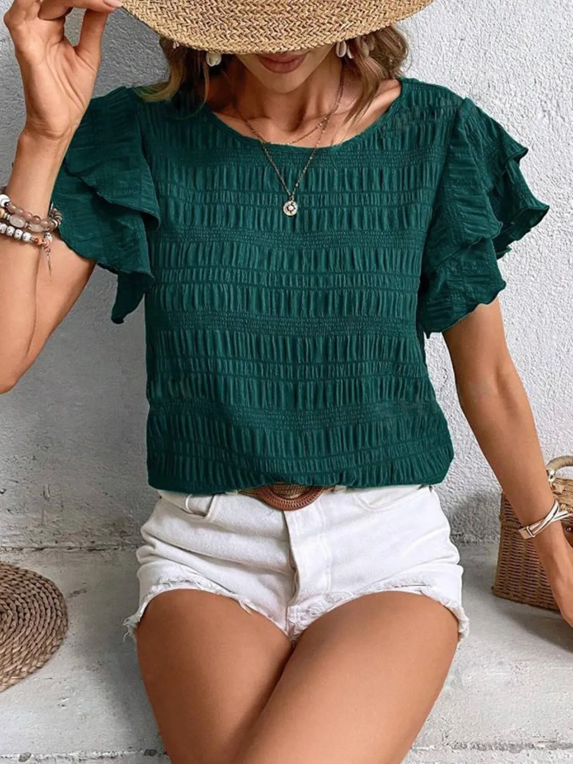Round Neck Ruffled Short Sleeve Top - Image 24