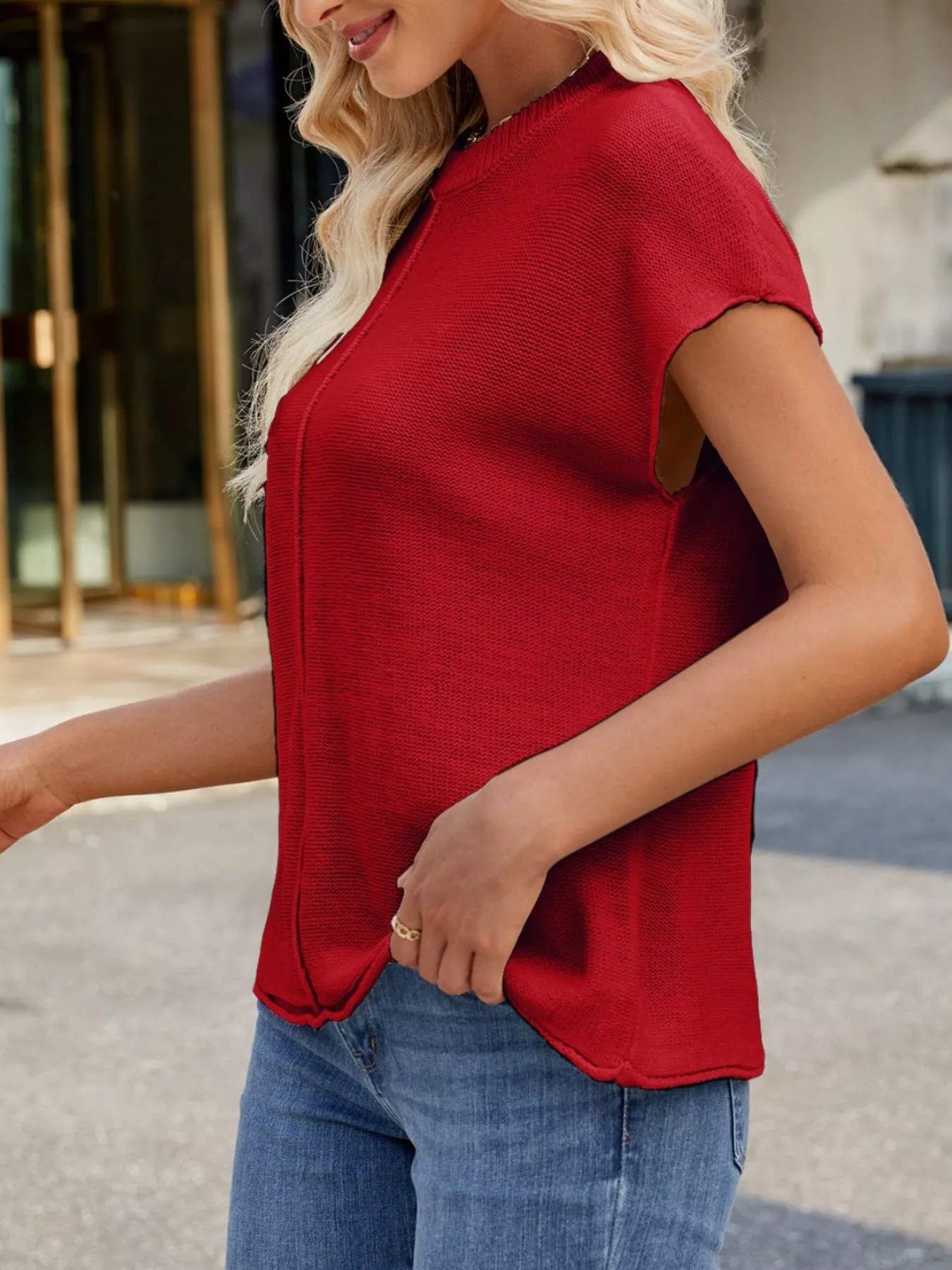 Round Neck Short Sleeve Knit Top with Center Seam Detail - Image 4