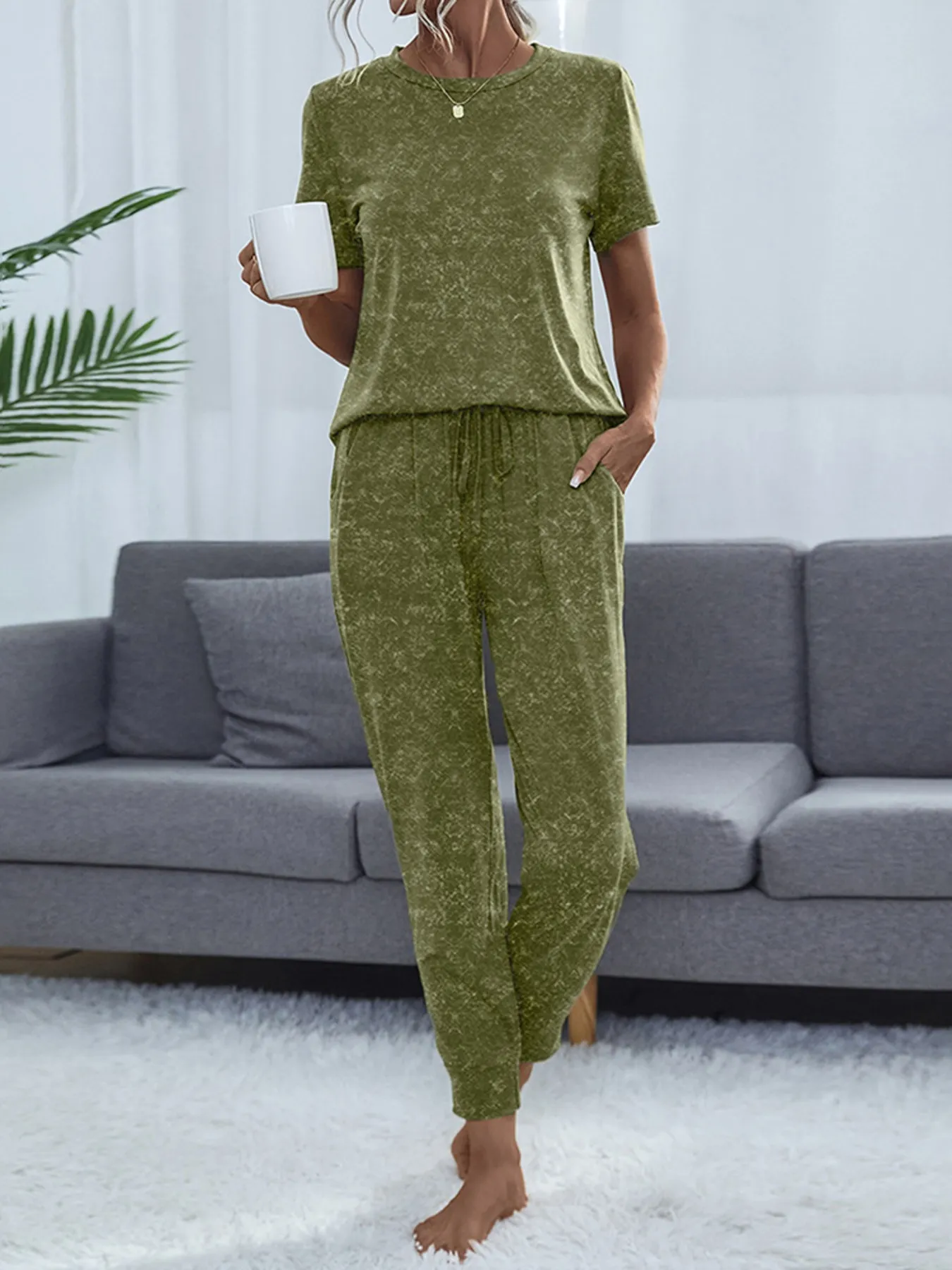 Round Neck Short Sleeve Top and Pants Lounge Set - Image 3