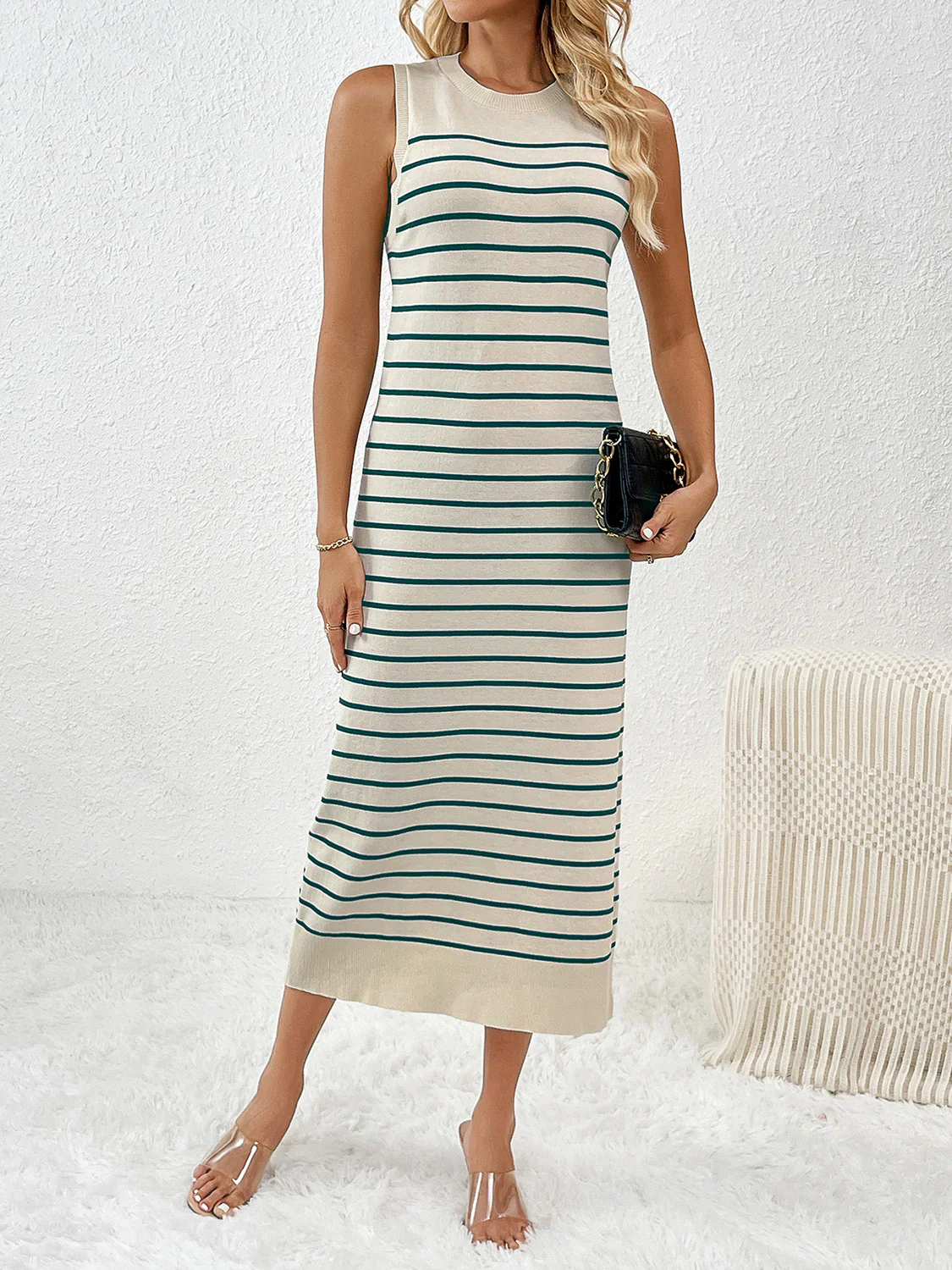 Round Neck Sleeve Midi Knit Dress - Image 10