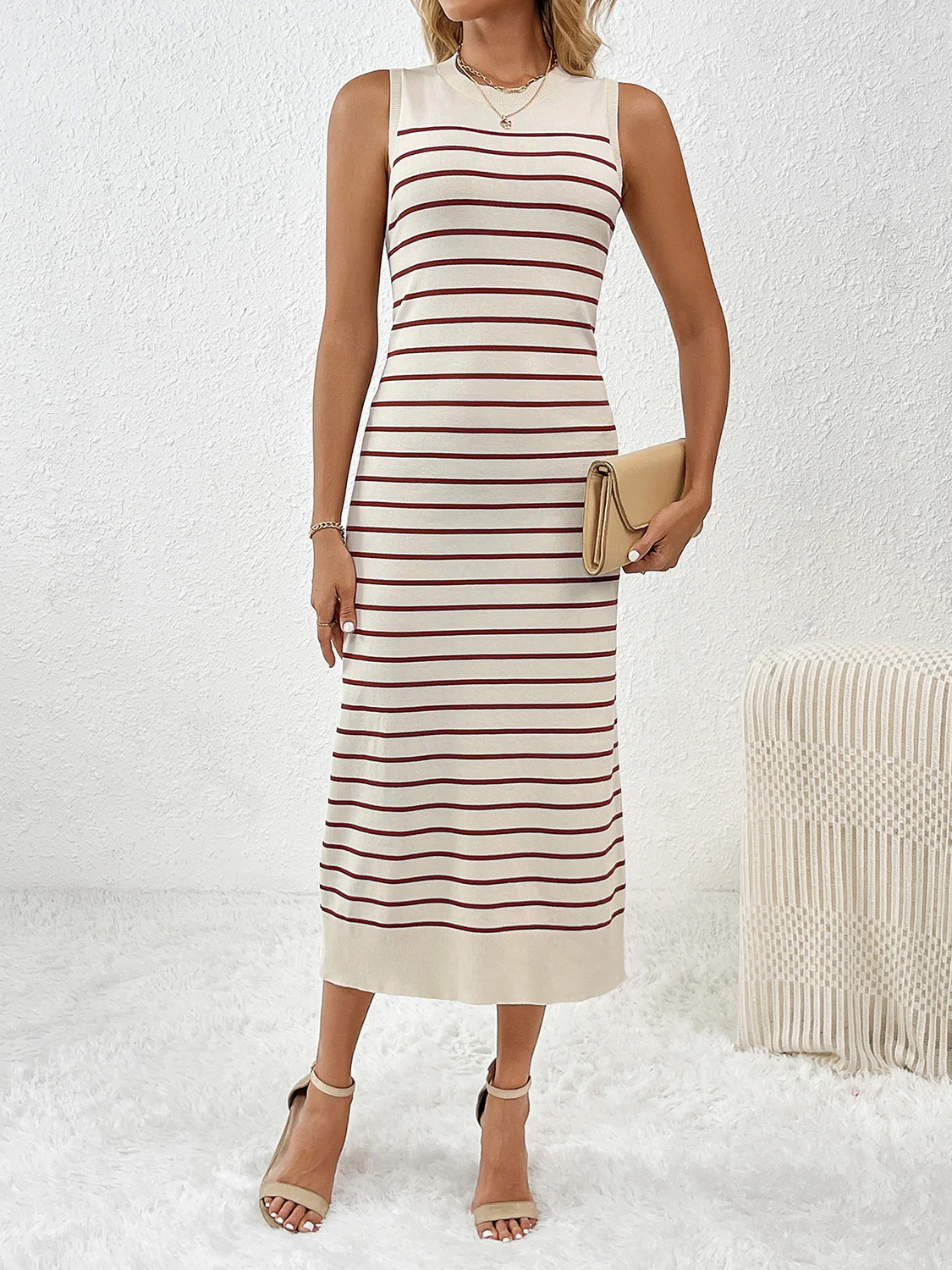 Round Neck Sleeve Midi Knit Dress - Image 6