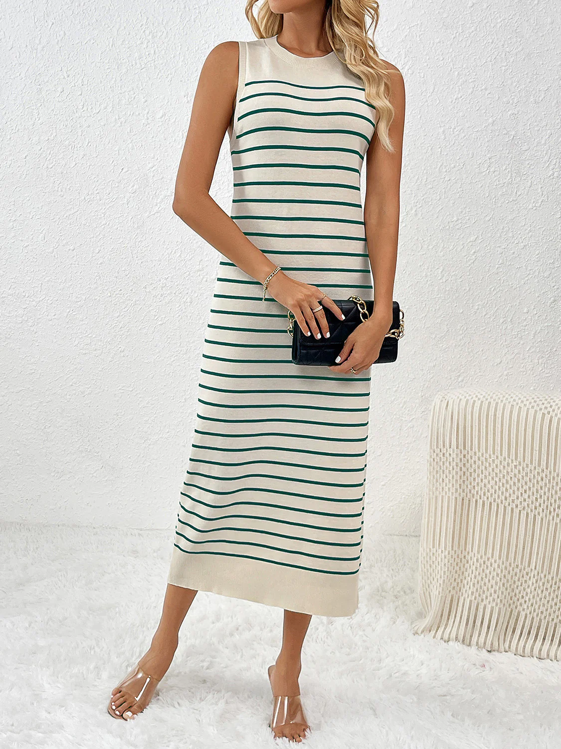 Round Neck Sleeve Midi Knit Dress - Image 8