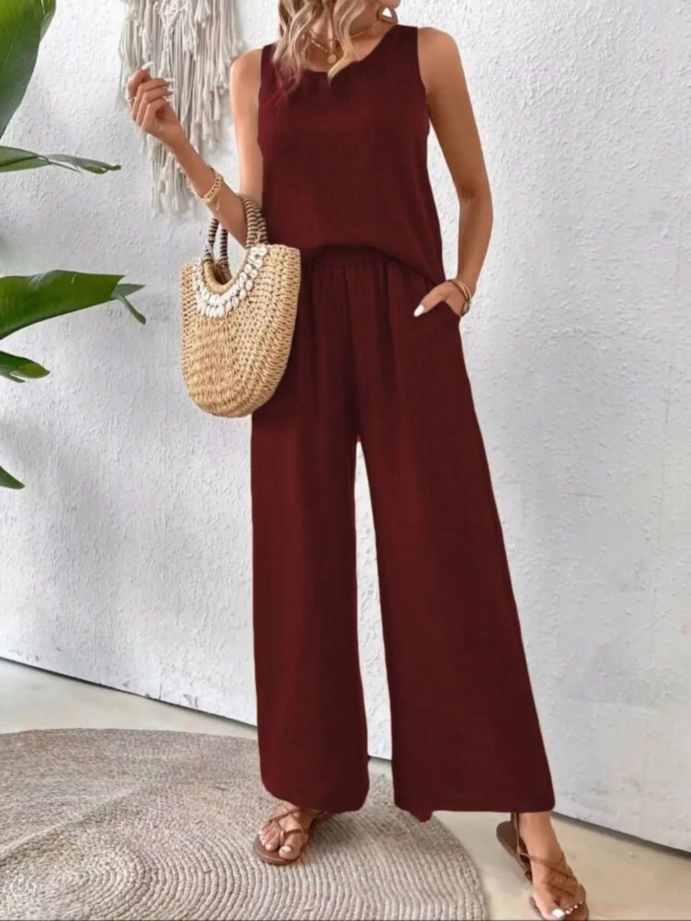 Round Neck Tank and Wide Leg Pants Set - Image 15