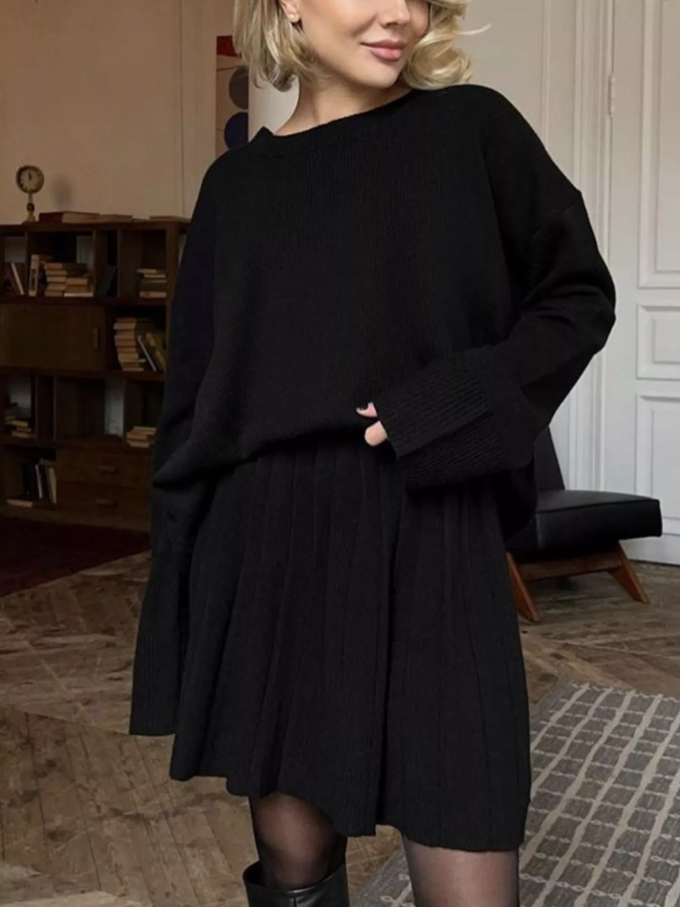 Round Neck Top and Pleated Skirt Sweater Set - Image 8