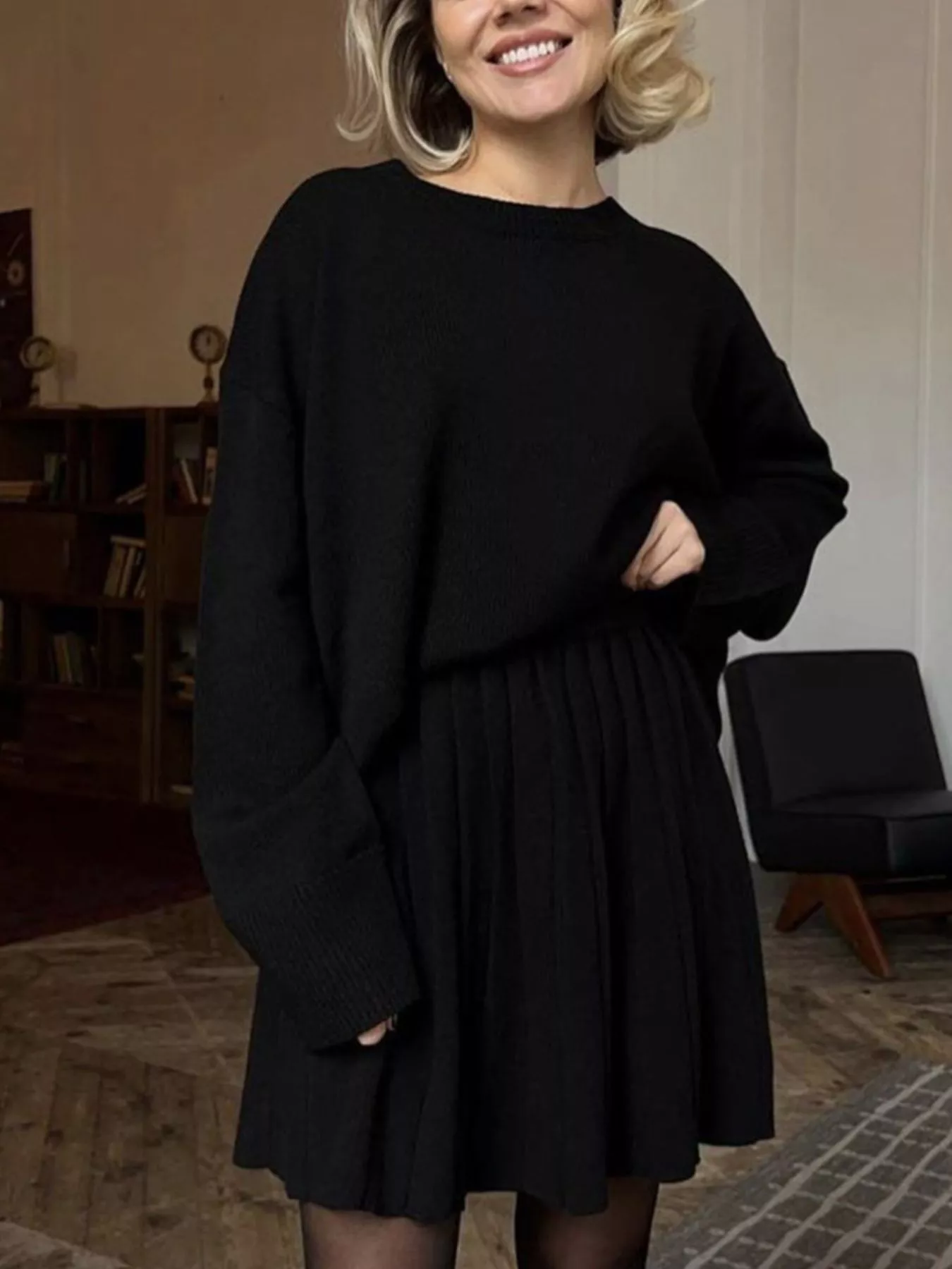 Round Neck Top and Pleated Skirt Sweater Set - Image 9
