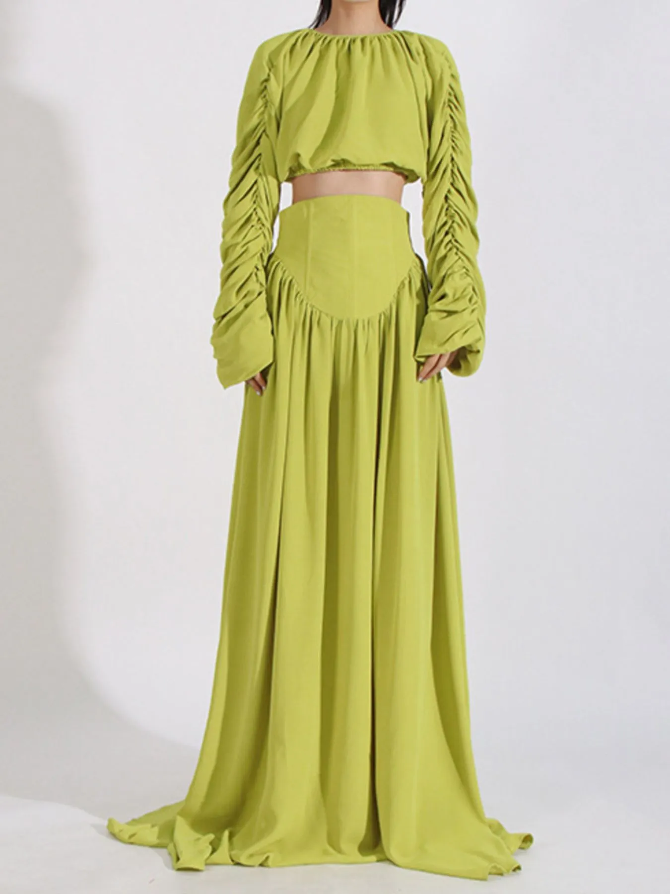 Ruched Long Sleeve Top and High Waist Skirt Set - Image 3
