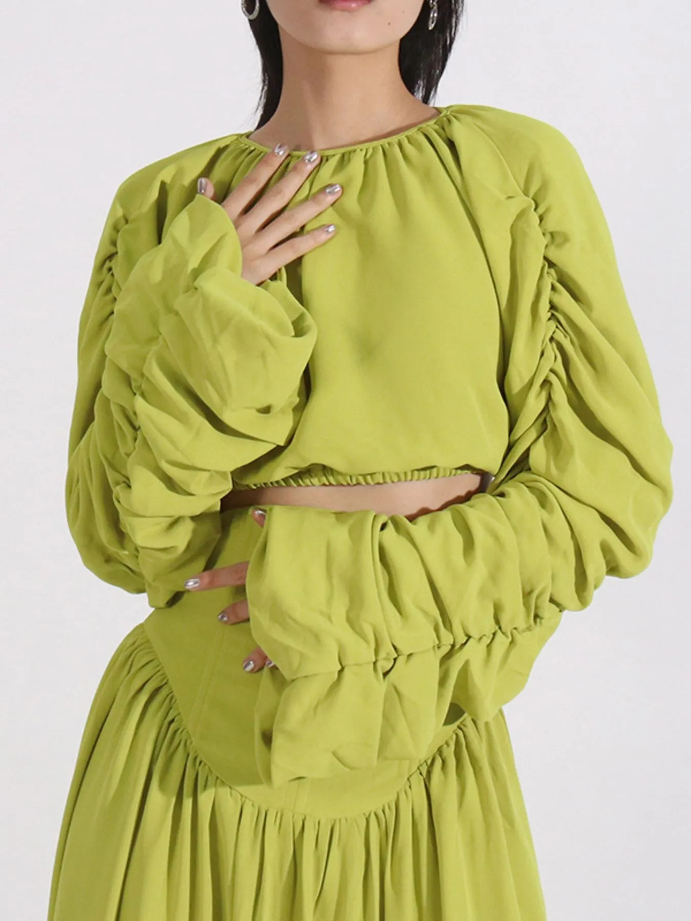 Ruched Long Sleeve Top and High Waist Skirt Set - Image 4
