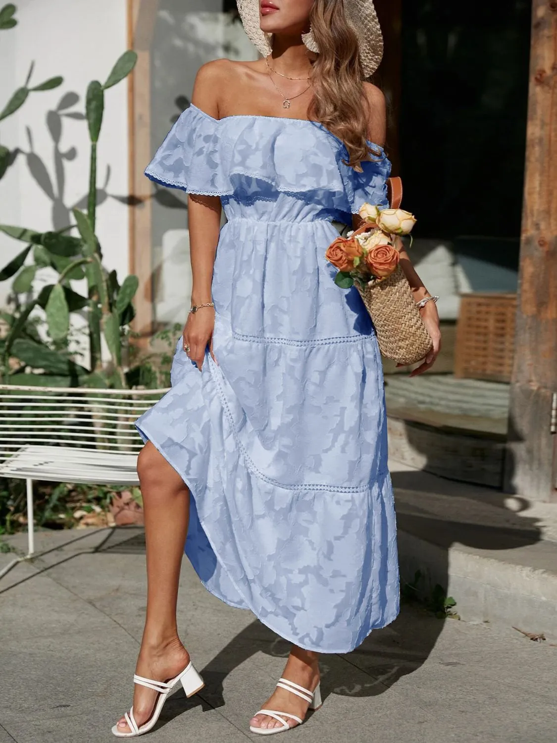 Ruched Off Shoulder Short Sleeve Midi Dress - Image 10