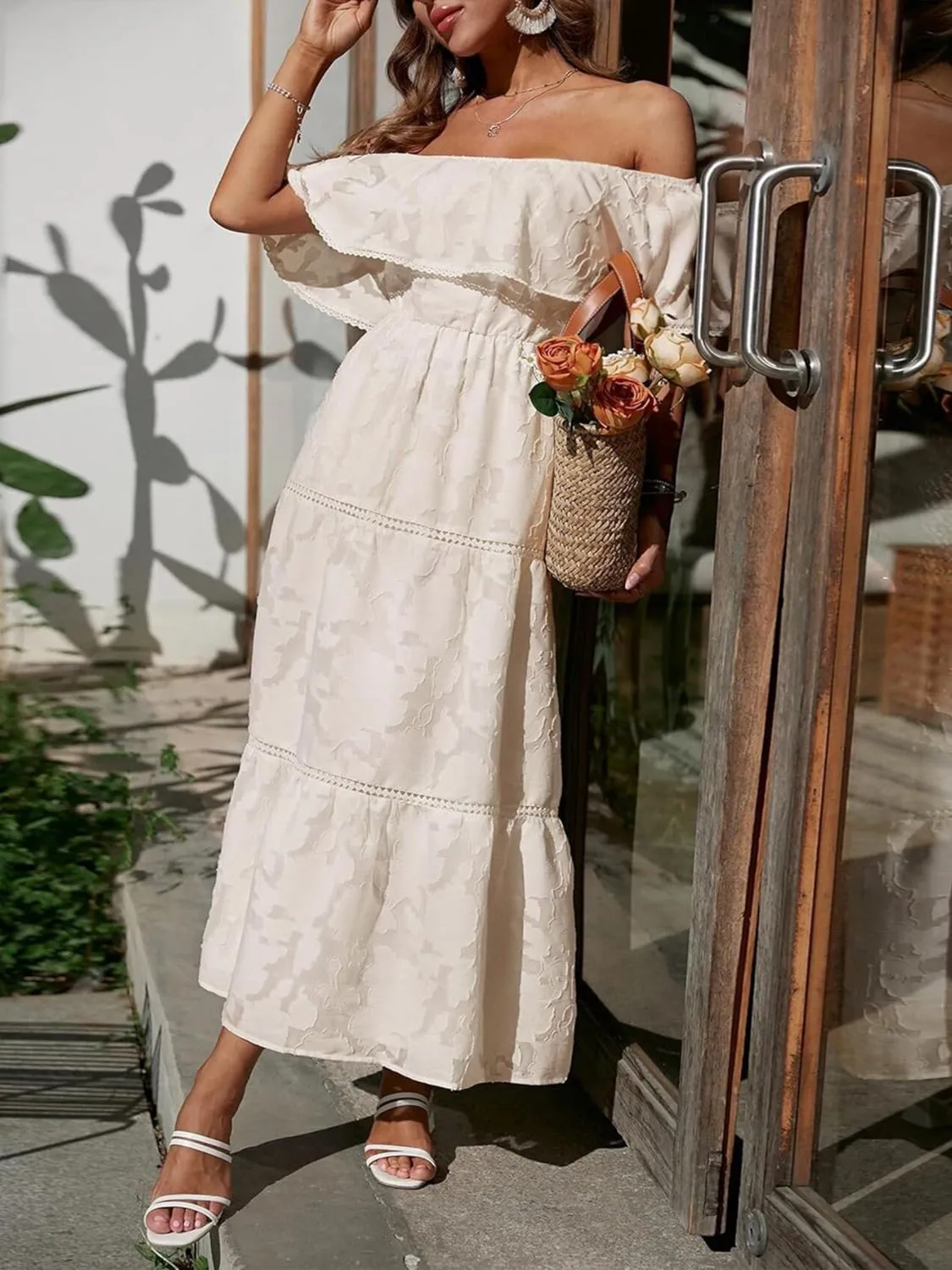 Ruched Off Shoulder Short Sleeve Midi Dress - Image 13