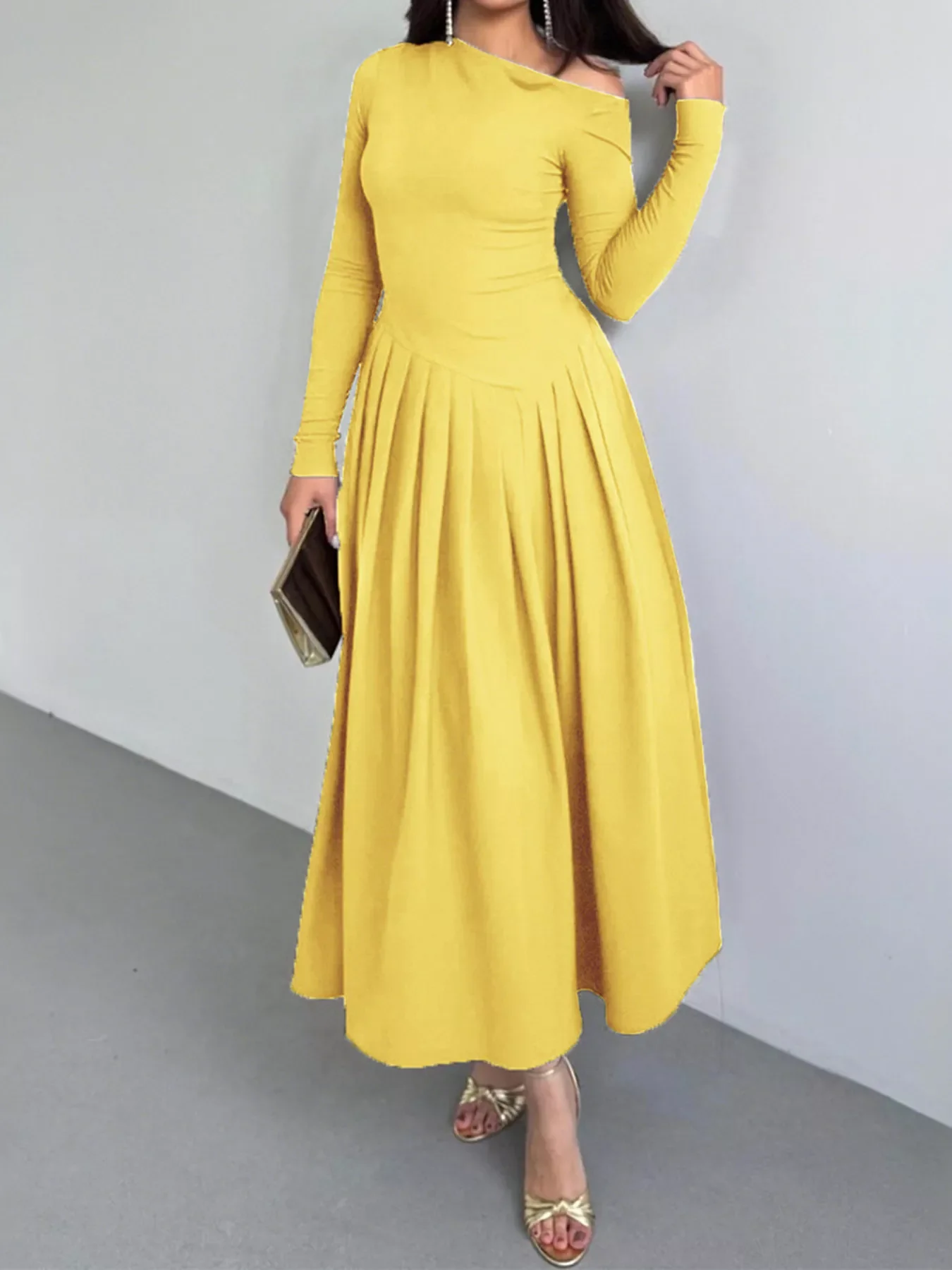 Ruched One Shoulder Long Sleeve Dress - Image 12