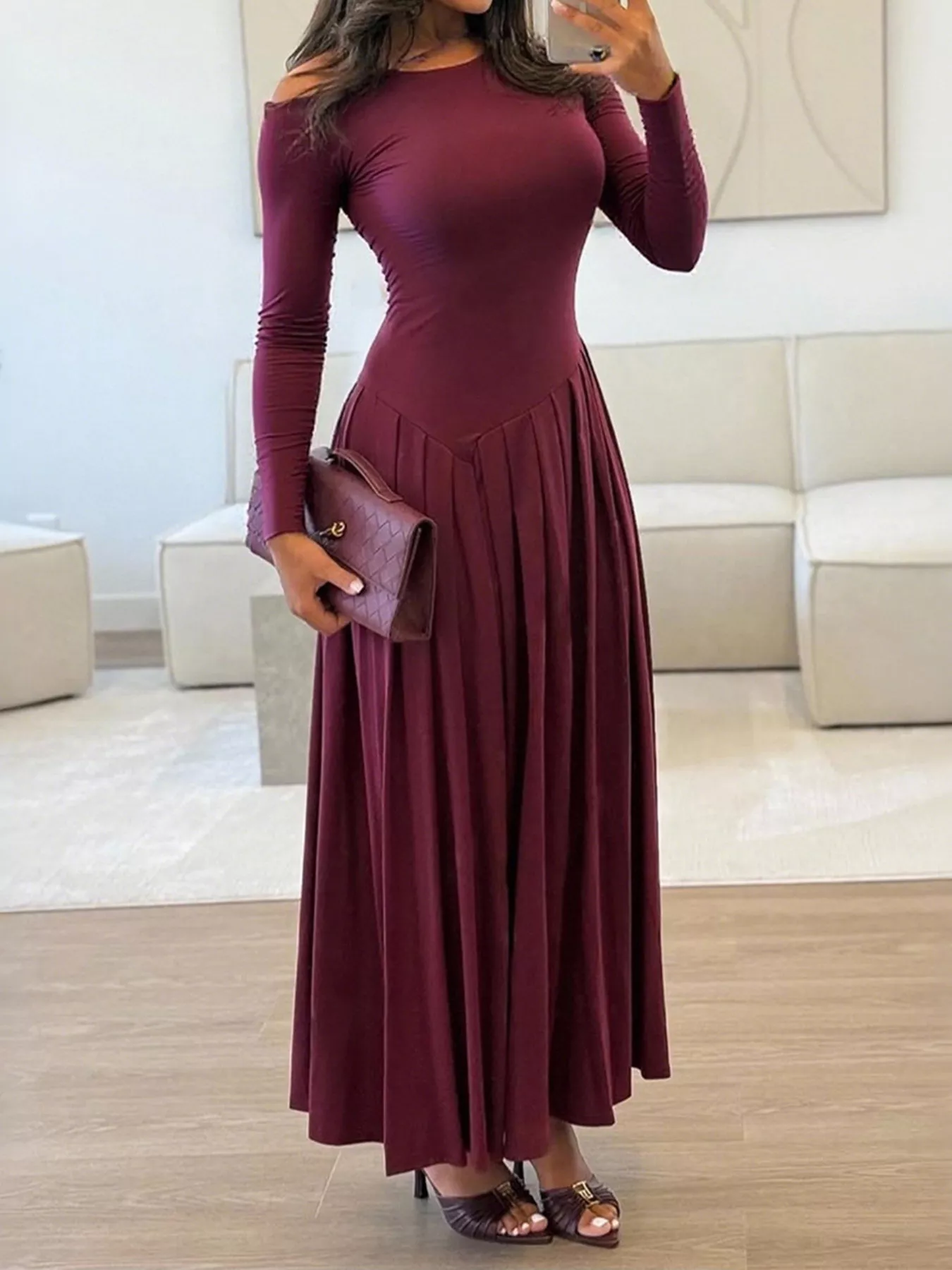 Ruched One Shoulder Long Sleeve Dress - Image 4