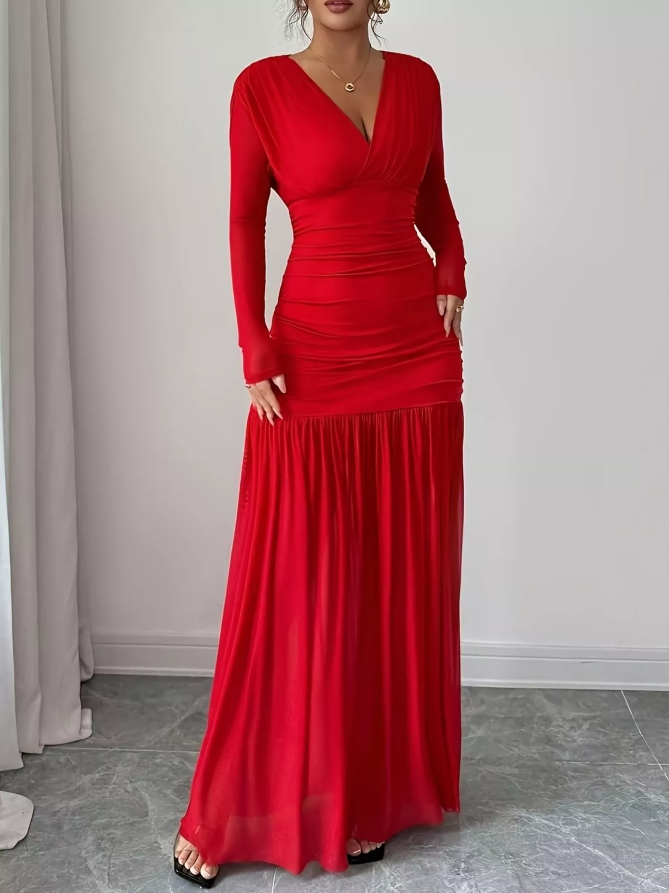 Ruched Surplice Long Sleeve Maxi Dress - Image 4