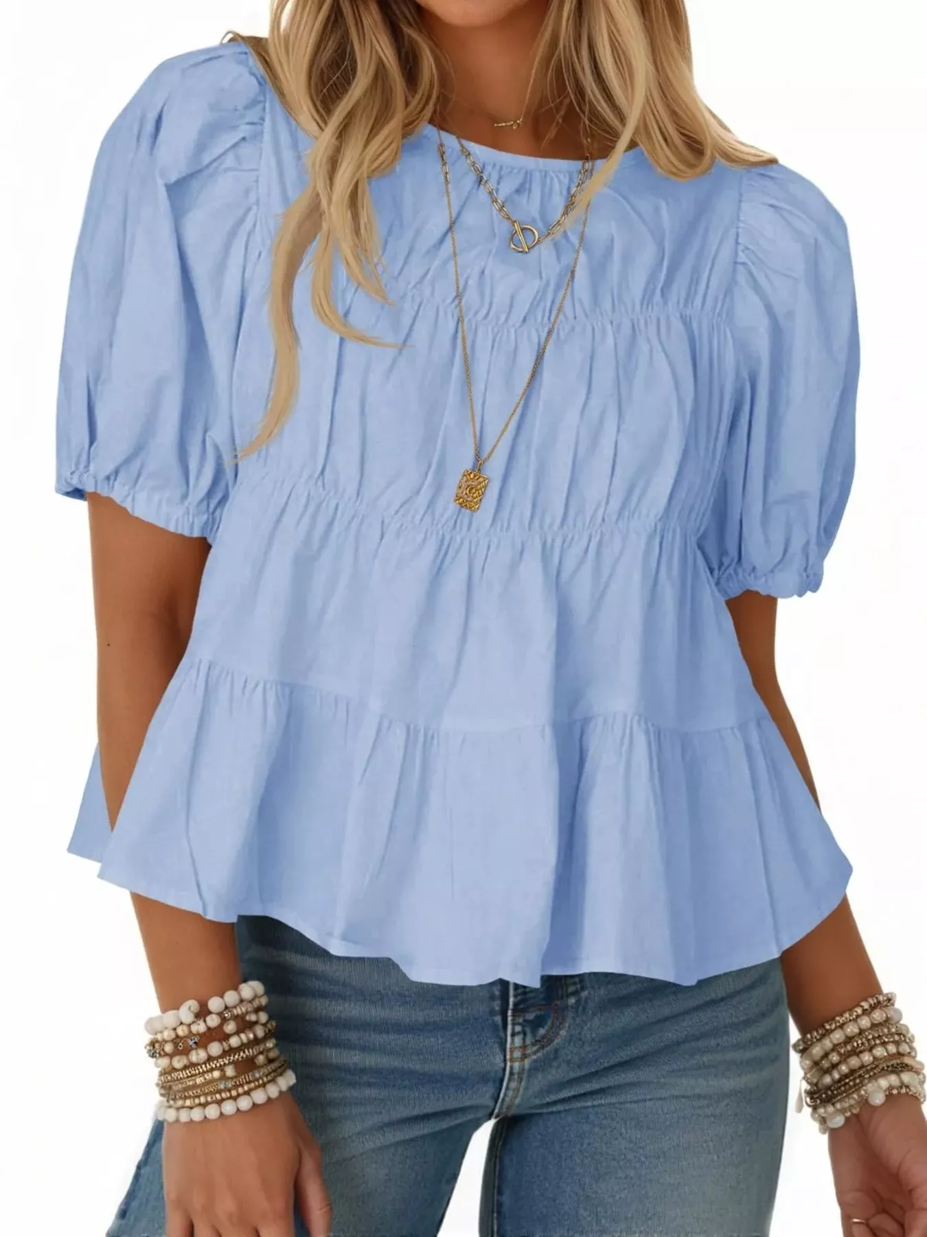 Ruched Tiered Puff Sleeve Blouse - Image 13