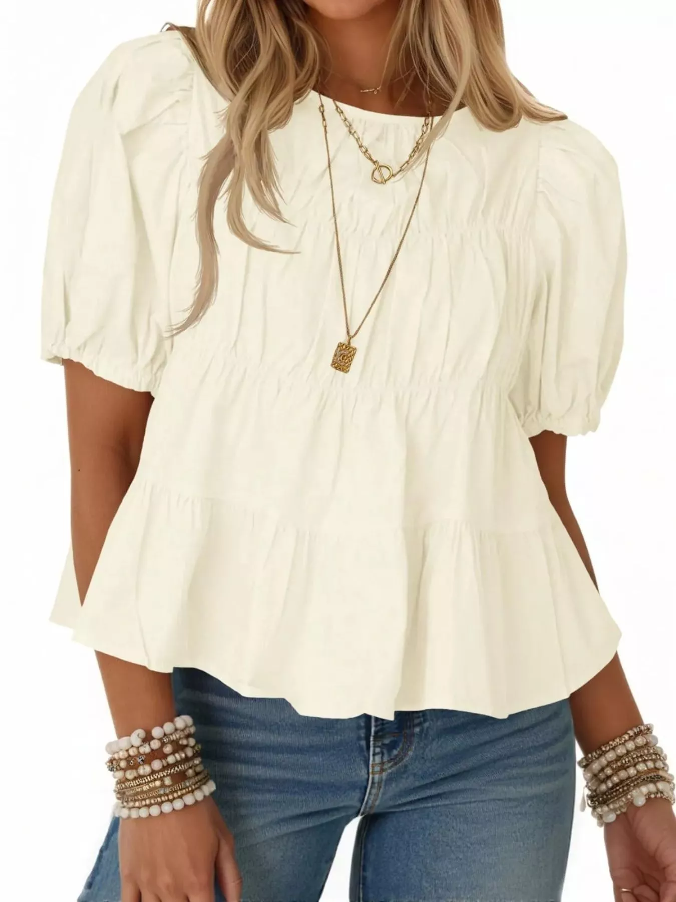 Ruched Tiered Puff Sleeve Blouse - Image 7