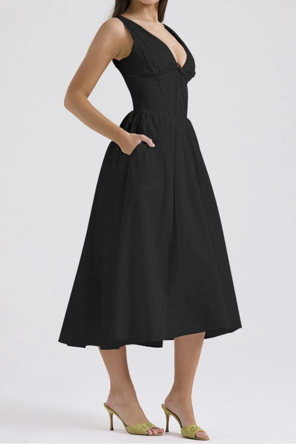 Ruched V-Neck Sleeveless Dress with Pockets - Image 3