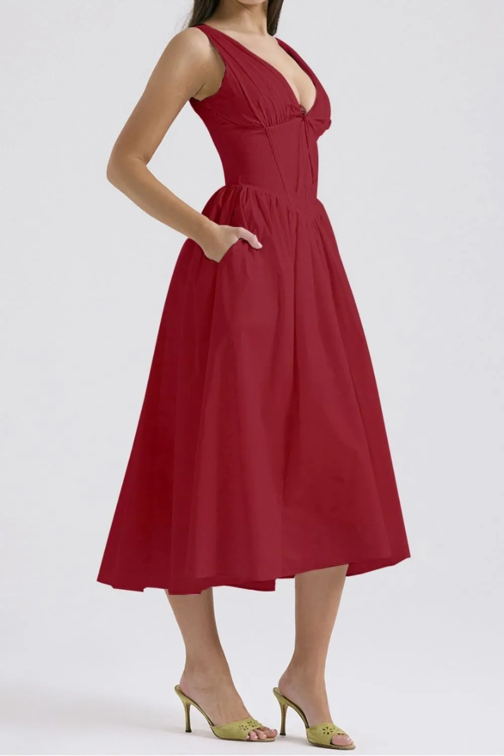 Ruched V-Neck Sleeveless Dress with Pockets - Image 8