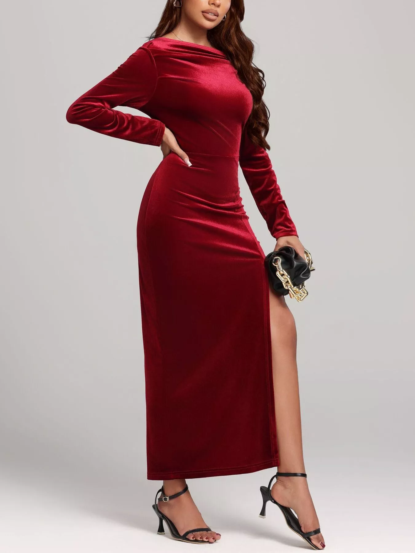 Ruched Velvet Long Sleeve Slit Dress - Image 3