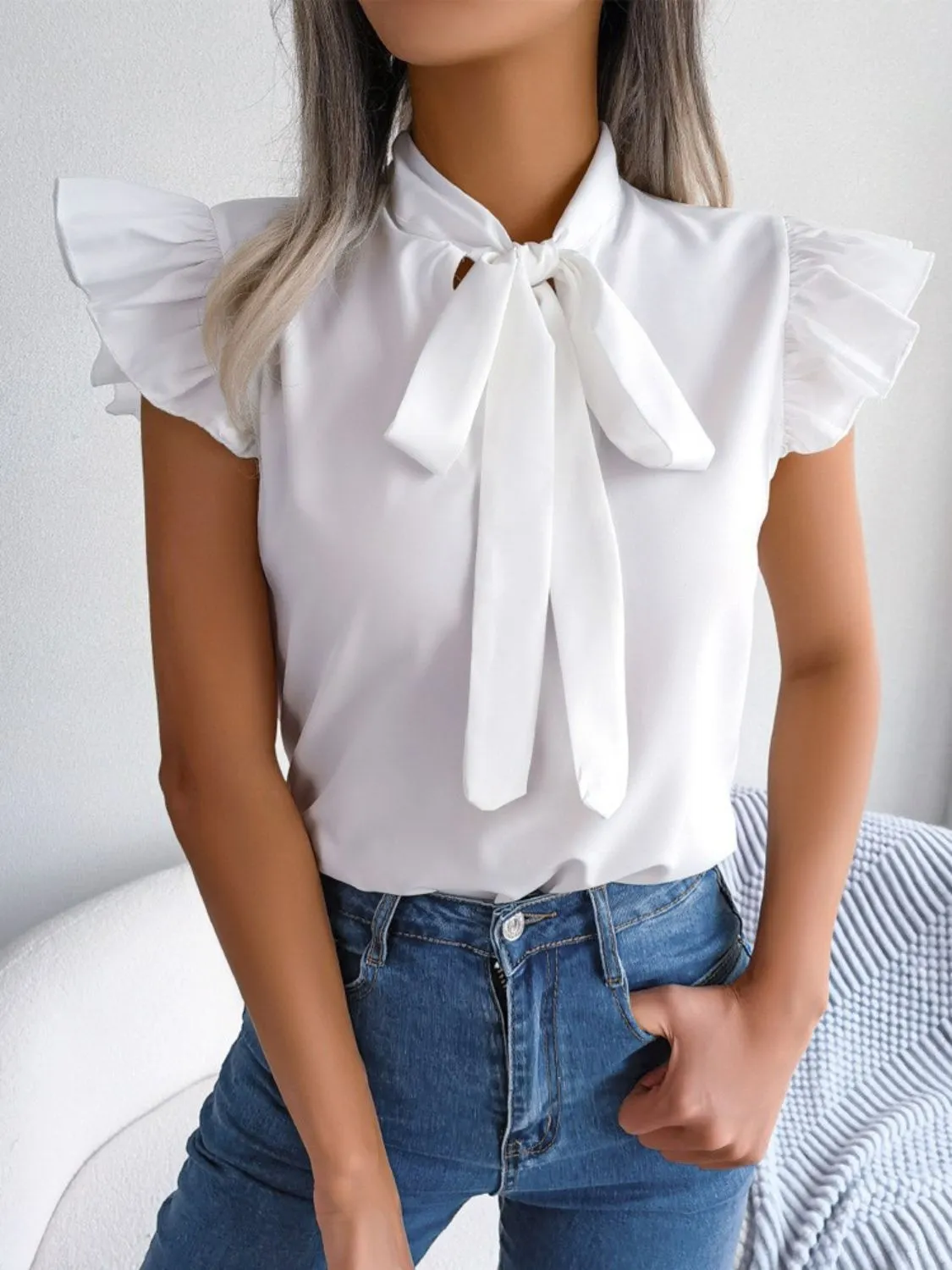 Ruffle Cap Sleeve Bow Tie Blouse - Image 8