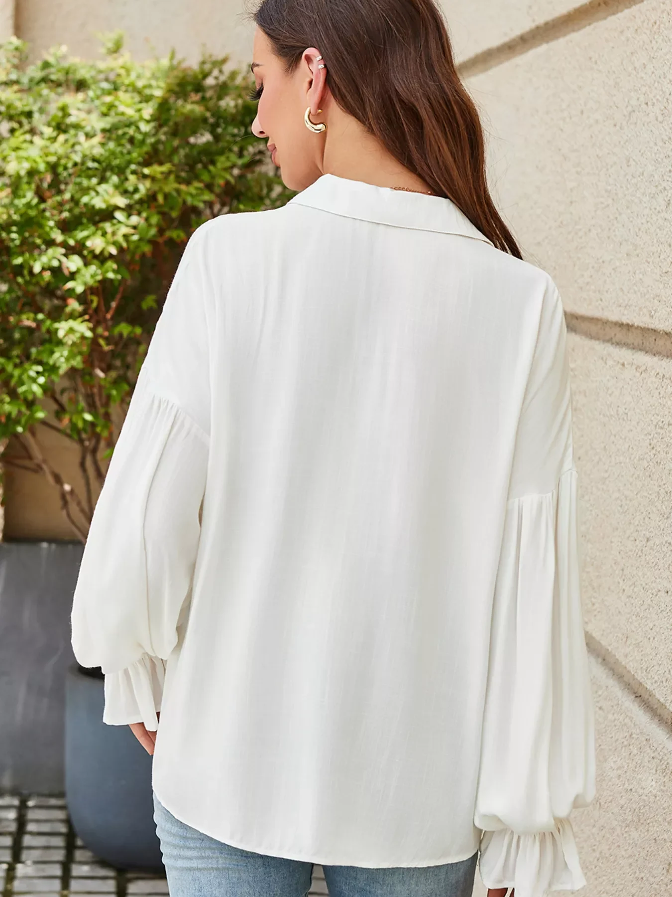 Ruffle Elastic Cuffs Puffy Long Sleeve Button Down Shirt - Image 3