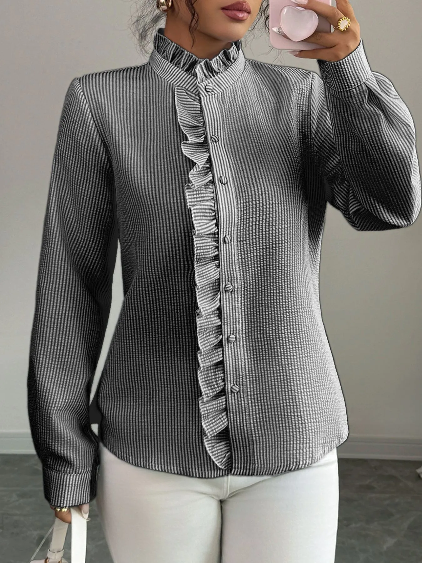 Ruffle Front Striped Button-Up Shirt - Image 15