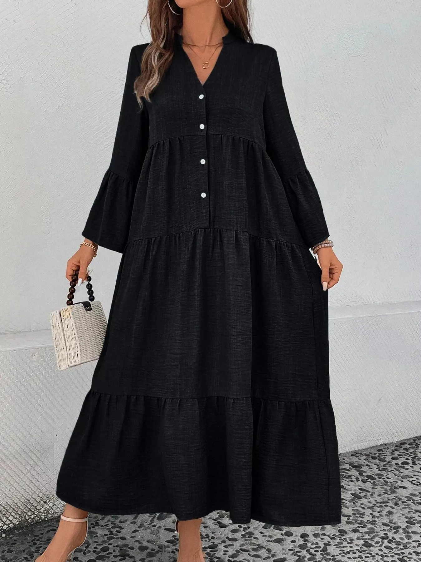 Ruffle Hem Button Front Tiered Dress - Image 21