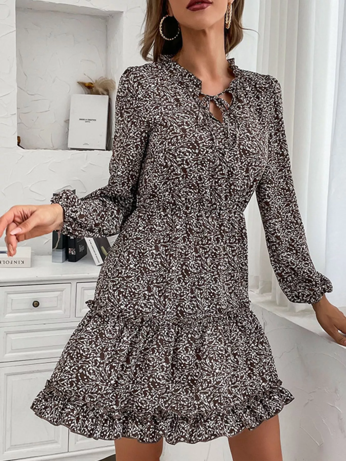 Ruffle Hem Tie Neck Mini Dress - Image 3