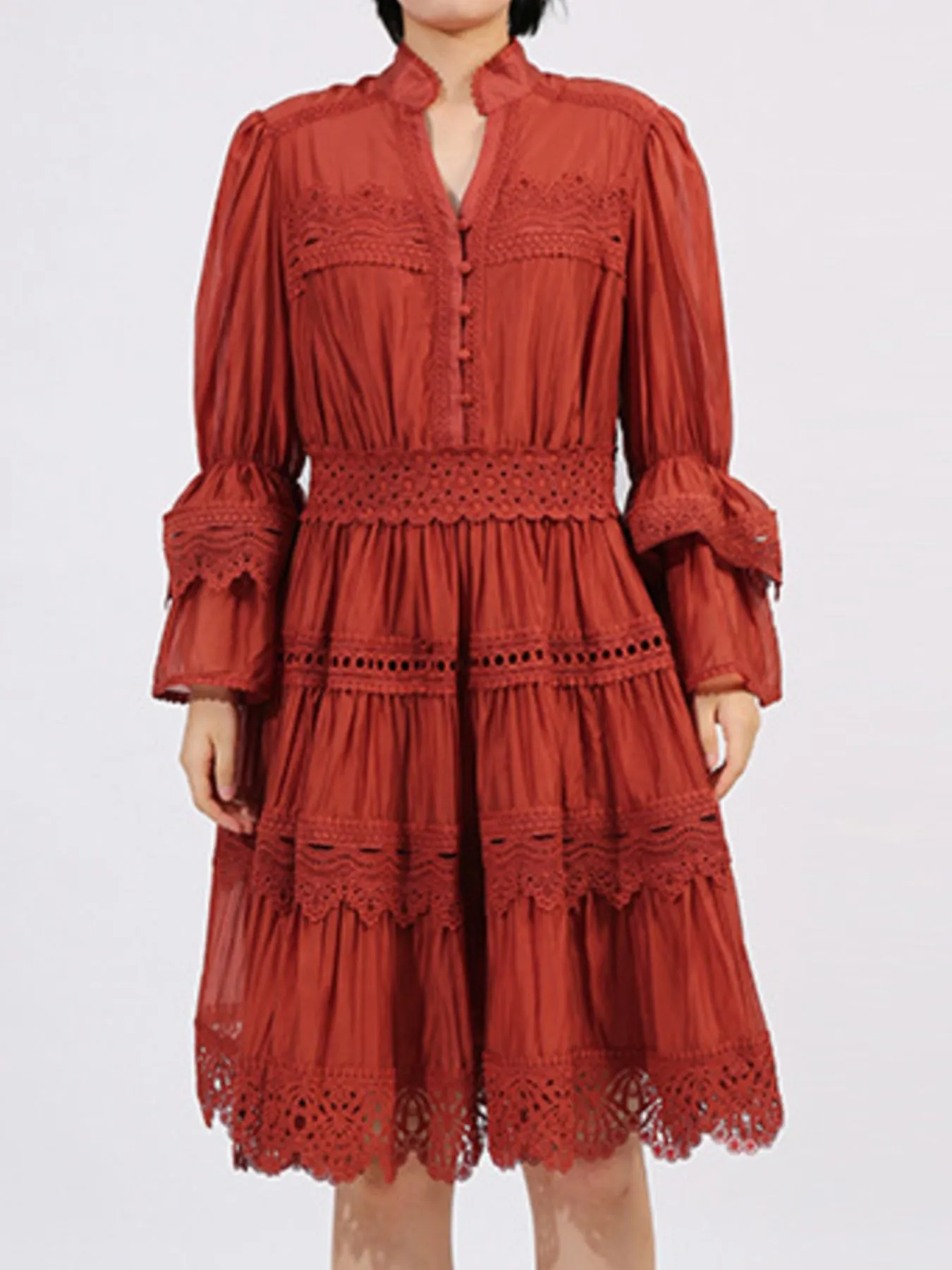 Ruffle Lace Trim Long Sleeve Dress - Image 9