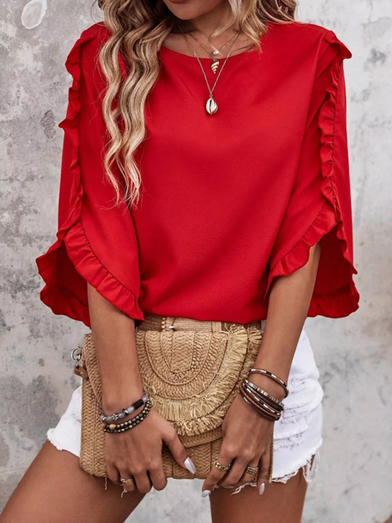 Ruffle Sleeve Solid Color Blouse - Image 4